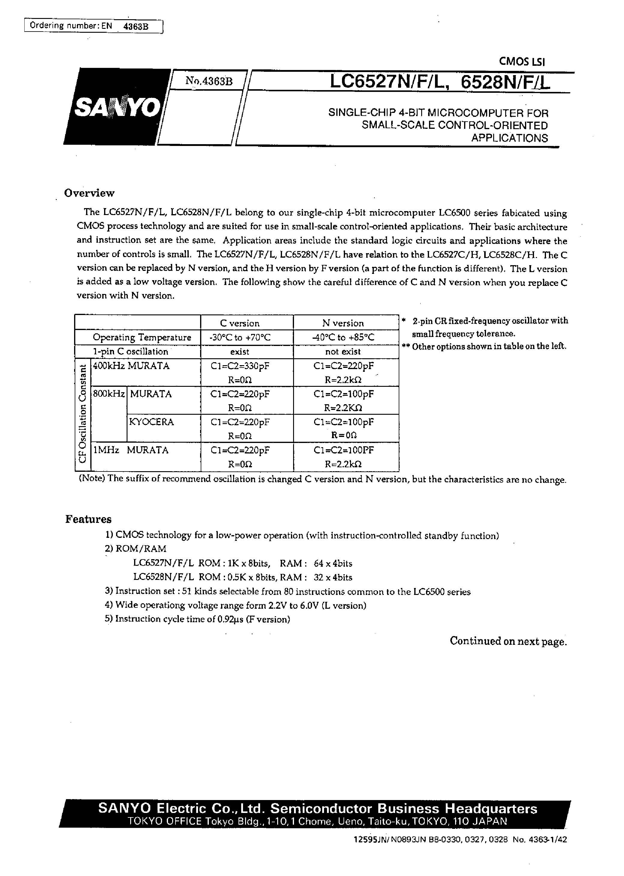 Даташит LC6527N - One-Time Programmable 4-Bit Single-Chip Microcontroller страница 1