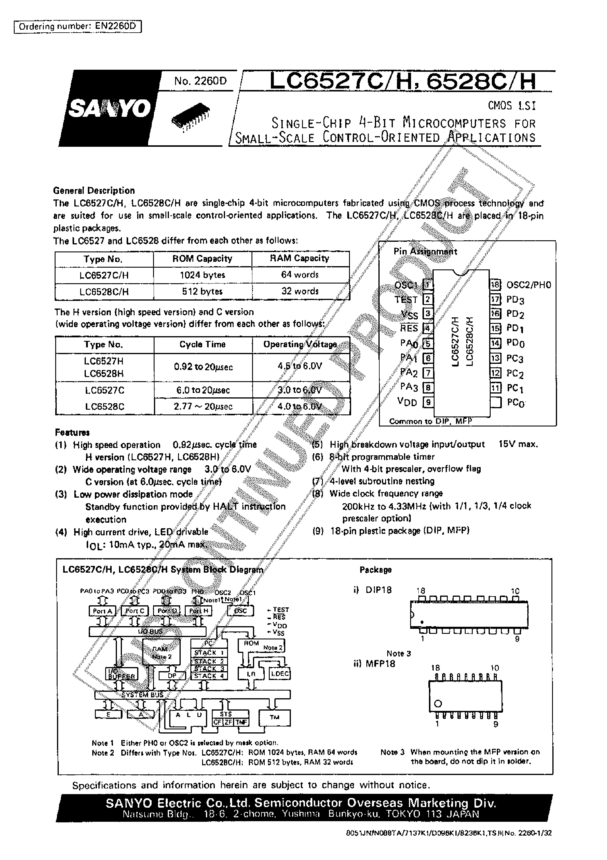 Datasheet LC6528H - SINGLE CHIP 4 BIT MICROCOMPUTERS FOR SMALL SCALE CONTROL ORIENTED APPLICATIONS page 1