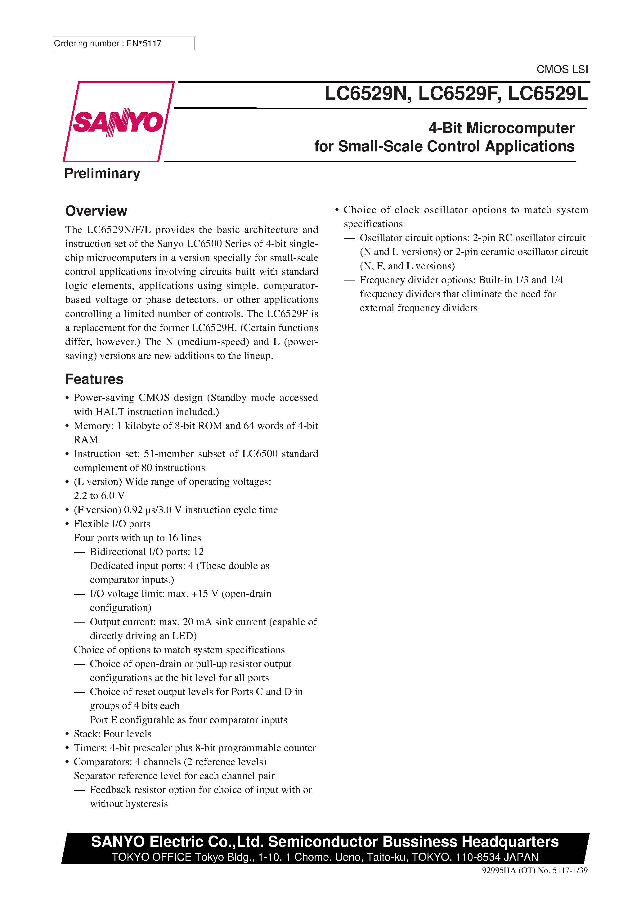 Datasheet LC6529L page 1 Datasheet LC6529L - One-Time Programmable 4-Bit Single-Chip Microcontroller page 1