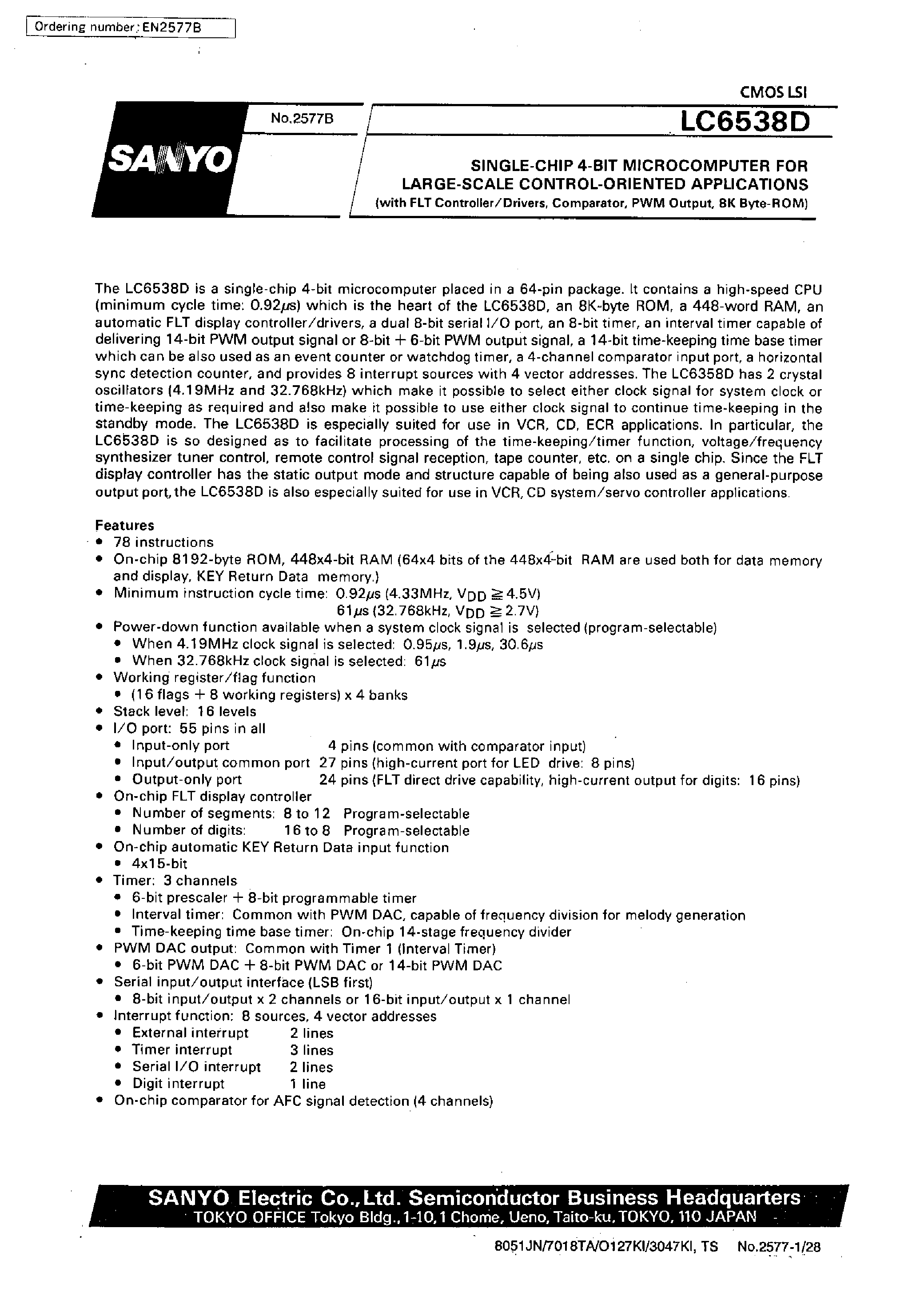 Datasheet LC6538D - SINGLE-CHIP 4-BIT MICROCOMPUTER FOR LARGE-SCALE CONTROL-ORIENTED APPLICATIONS page 1