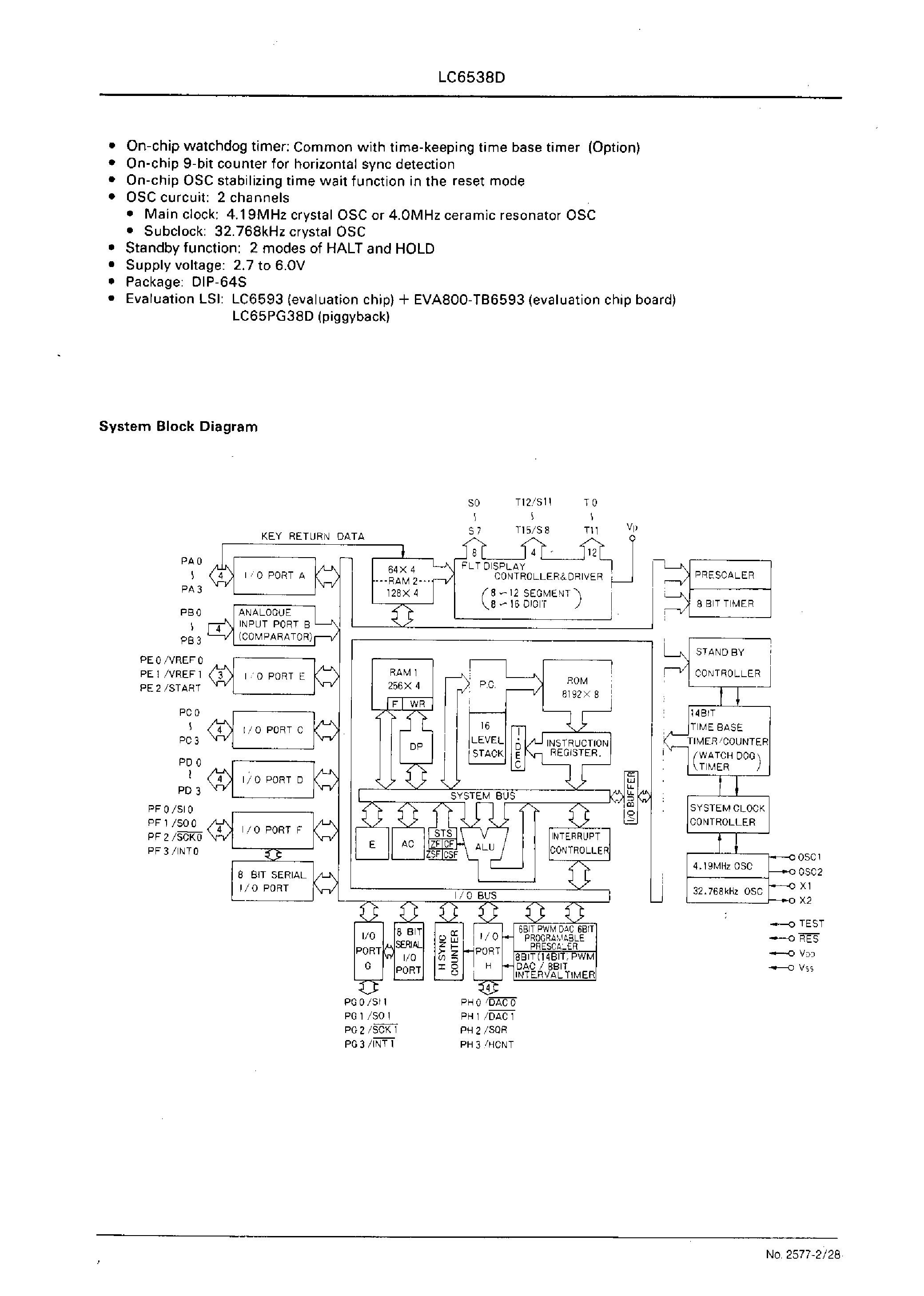 Datasheet LC6538D - SINGLE-CHIP 4-BIT MICROCOMPUTER FOR LARGE-SCALE CONTROL-ORIENTED APPLICATIONS page 2