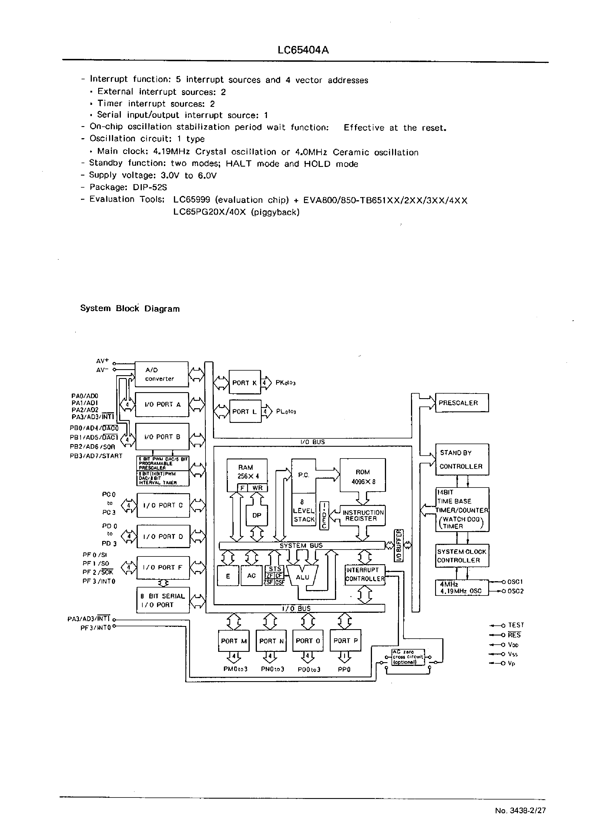 Даташит LC65404A - 4-BIT Single Chip MICROCOMPUTER FOR CONTROL APPLICATIONS страница 2