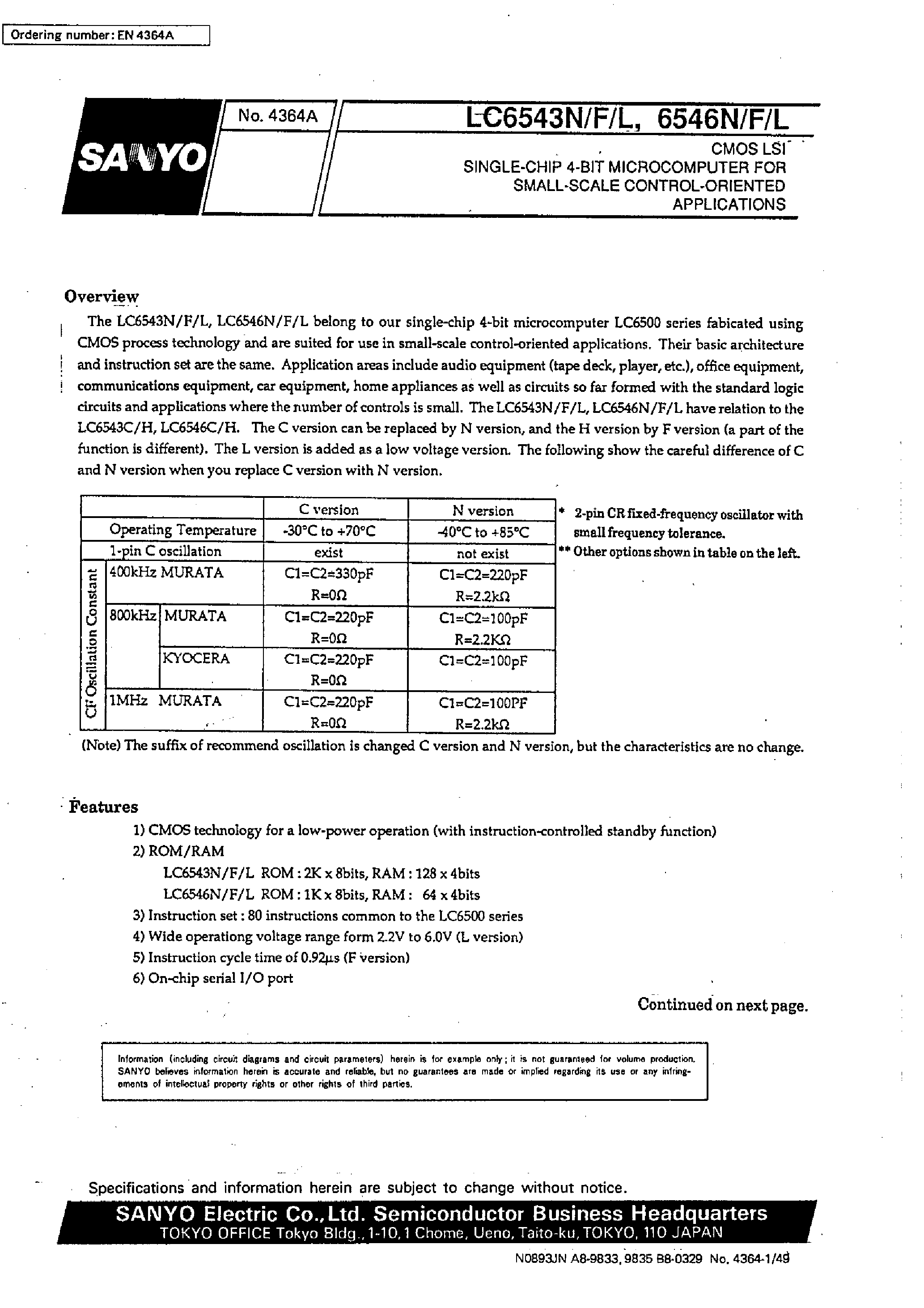 Datasheet LC6543L - One-Time Programmable 4-Bit Single-Chip Microcontroller page 1