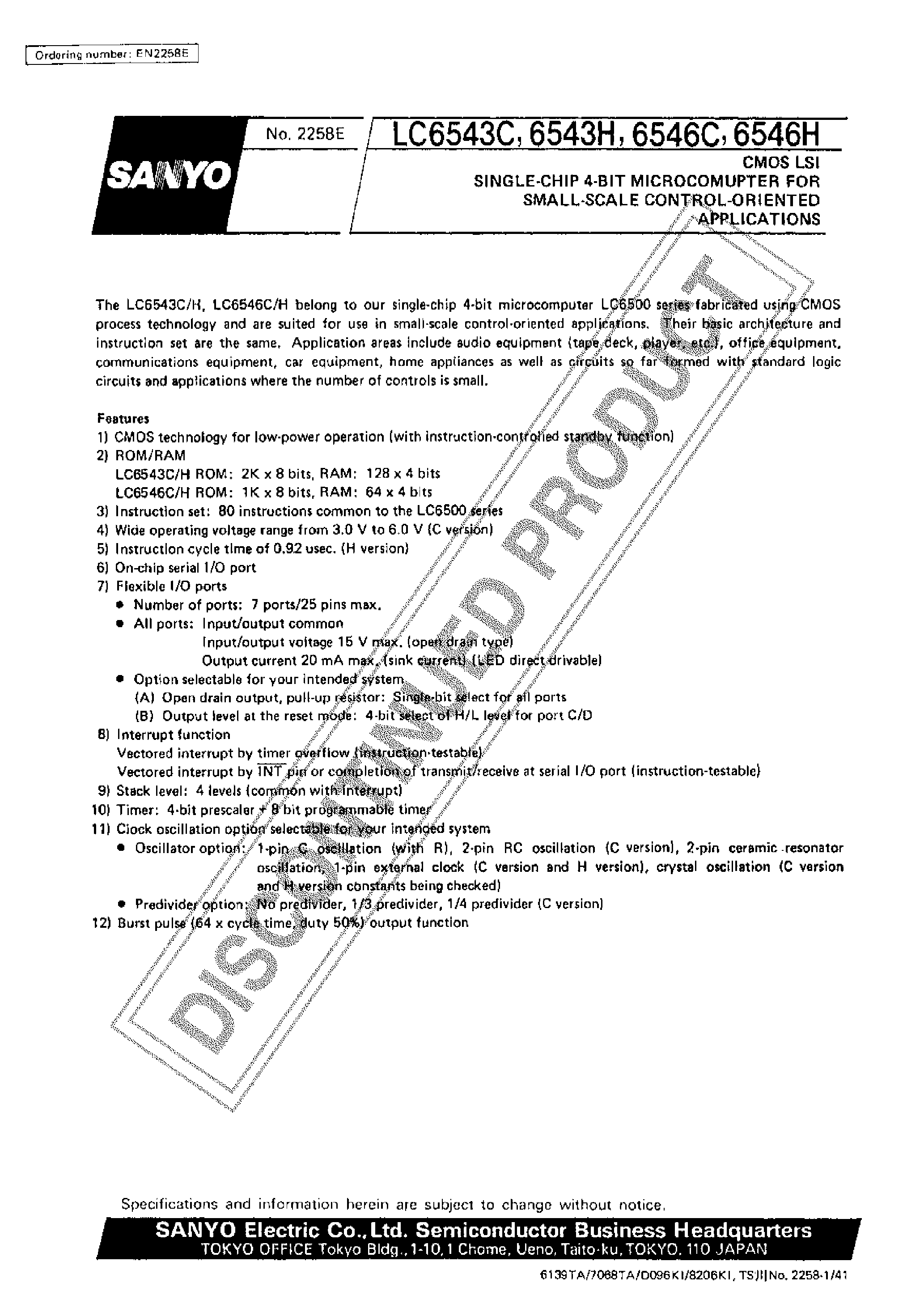 Datasheet LC6546C - CMOS LSI SINGLE-CHIP 4-BIT MICROCOMPUTER FOR SMALL-SCALE CONTROL-ORIENTED APPLICATIONS page 1