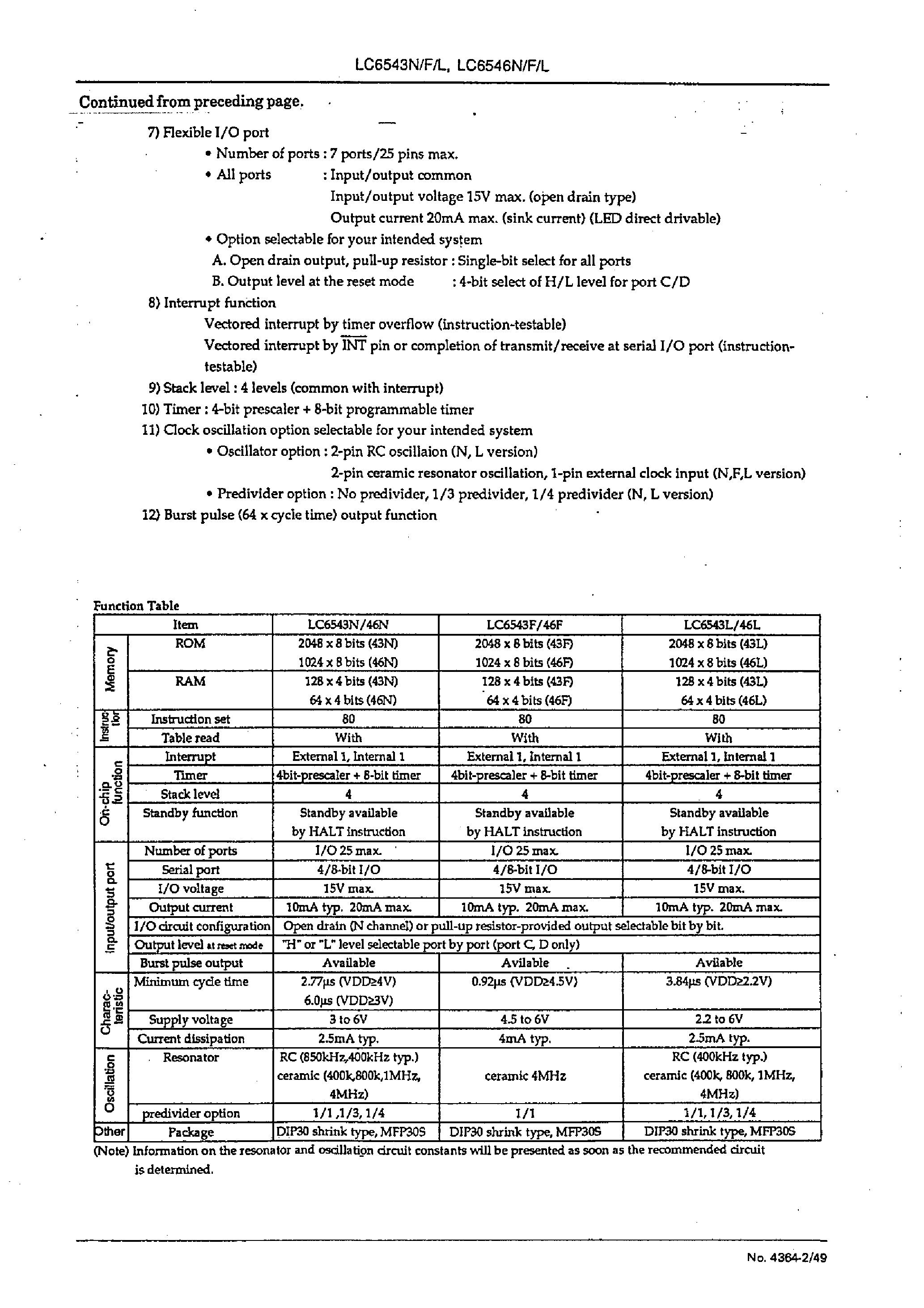Datasheet LC6546L - One-Time Programmable 4-Bit Single-Chip Microcontroller page 2