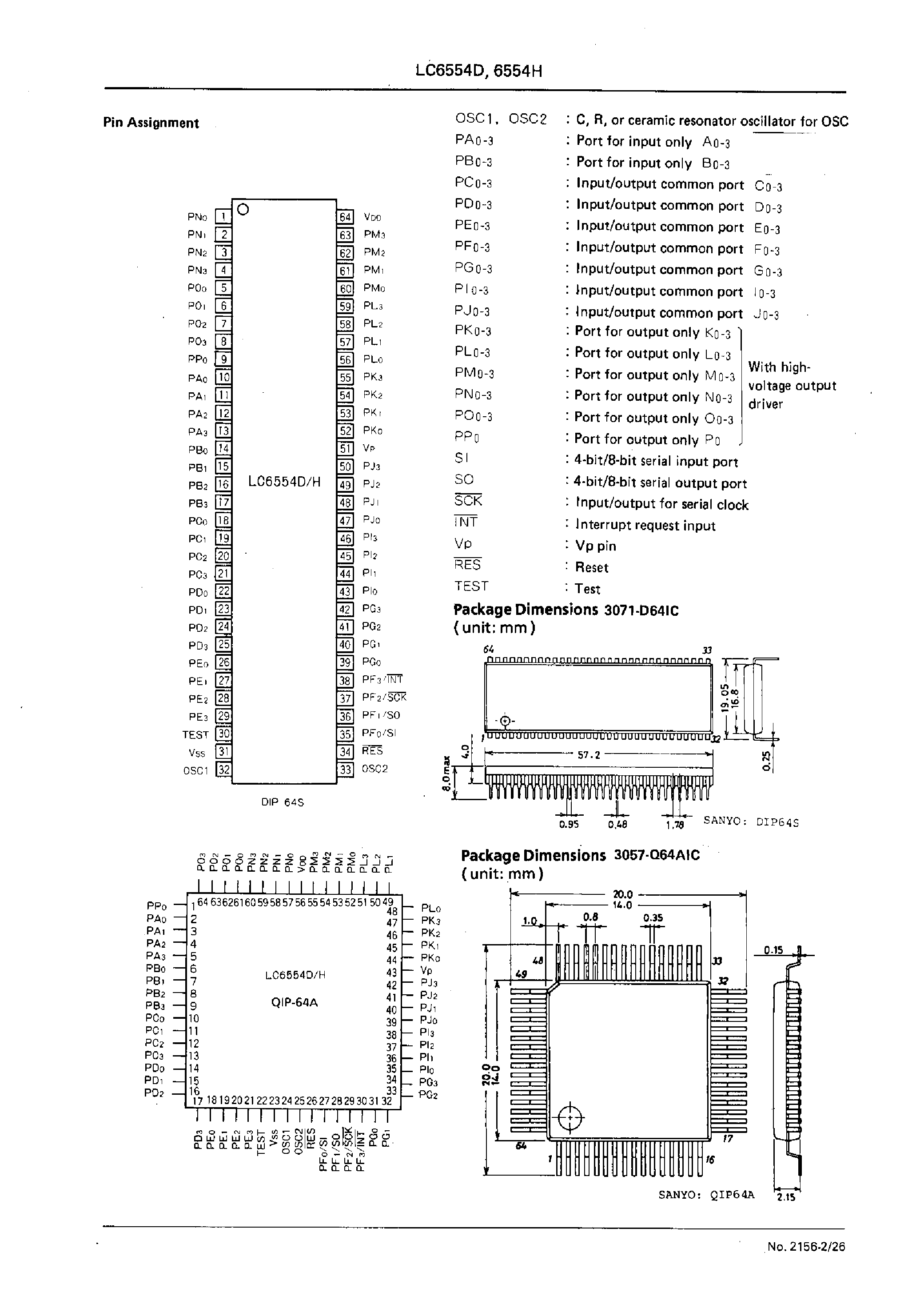 Datasheet LC6554 - 4K-Byte ROM-Contained Single-Chip 4-Bit Microcomputers with FLT /LED Drivers page 2