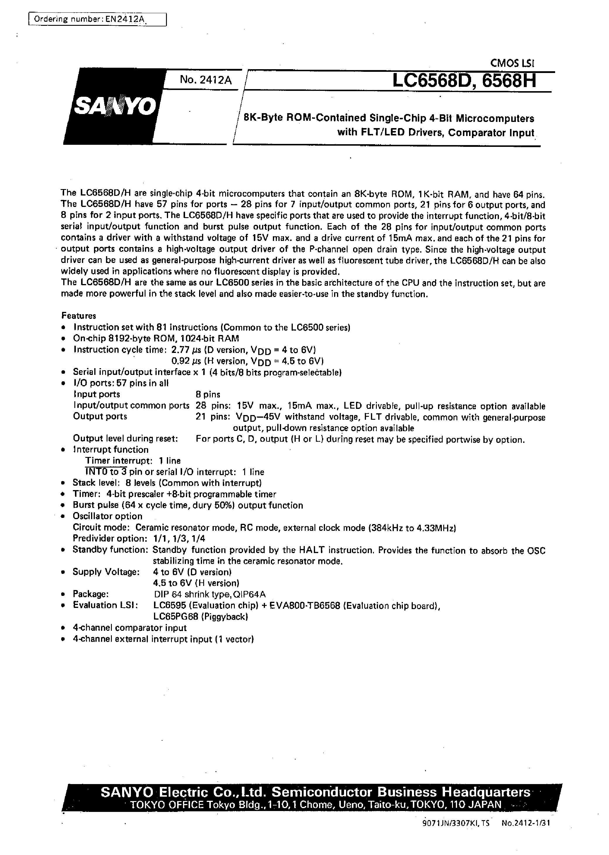 Datasheet LC6568 - 8K-Byte ROM-Contained Single-Chip 4-Bit Microcomputers with FLT /LED Drivers /Comparator Input page 1