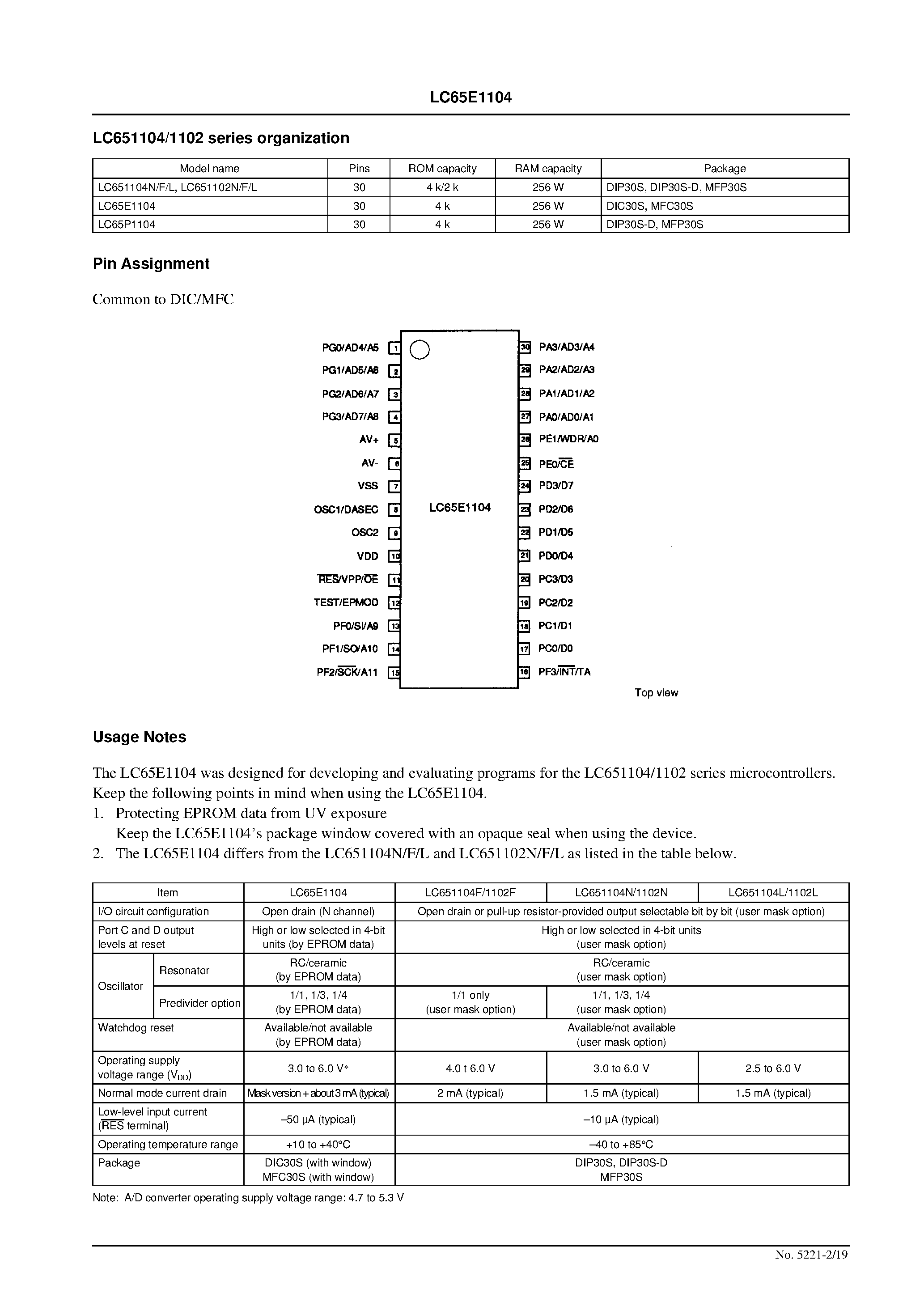 Datasheet LC65E1104 page 2 Datasheet LC65E1104 - One-Time Programmable 4-Bit Single-Chip Microcontroller page 2