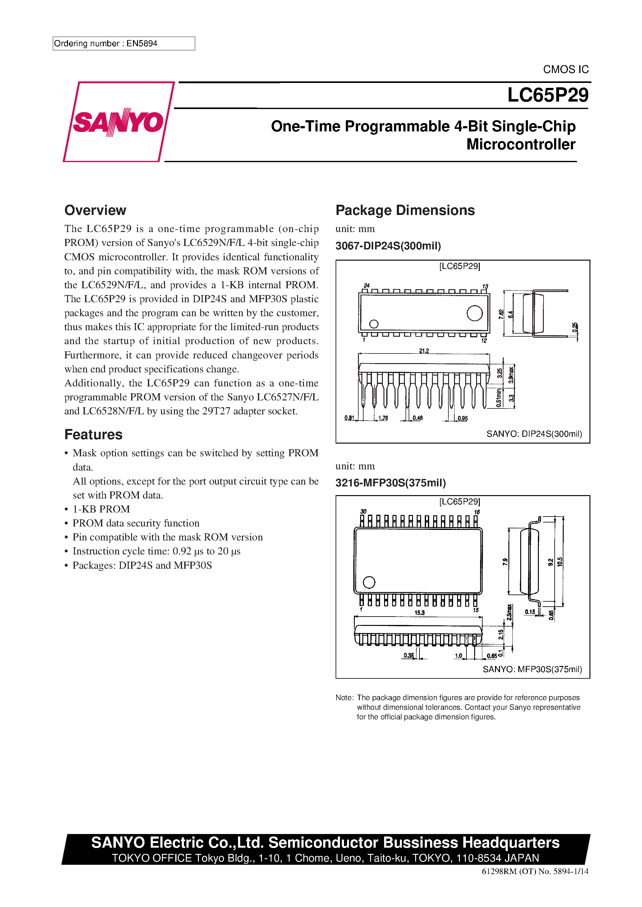 Даташит LC65E29 - One-Time Programmable 4-Bit Single-Chip Microcontroller страница 1