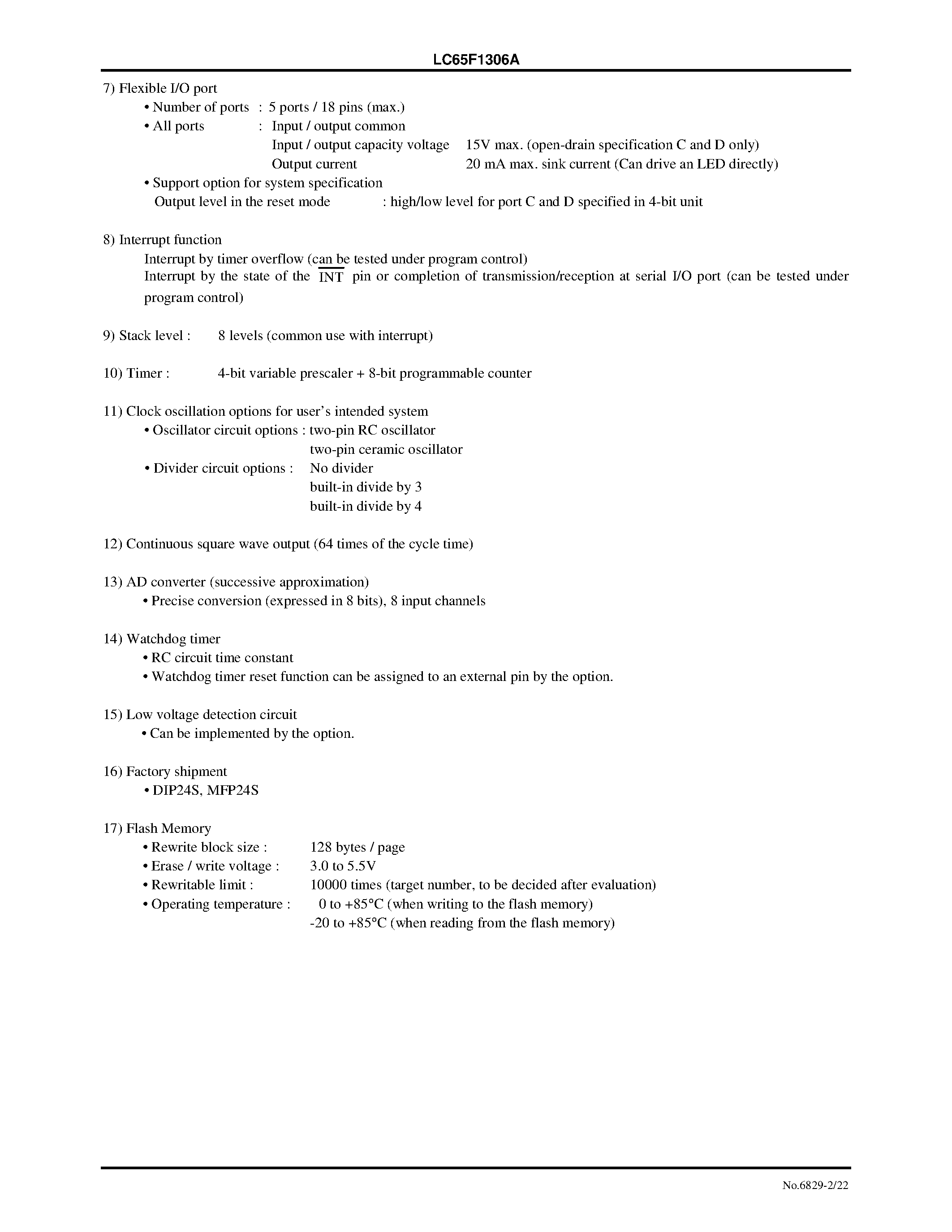 Даташит LC65F1306A - 4-Bit Single-Chip CMOS Microcontroller for Small-Scale Control Applications страница 2
