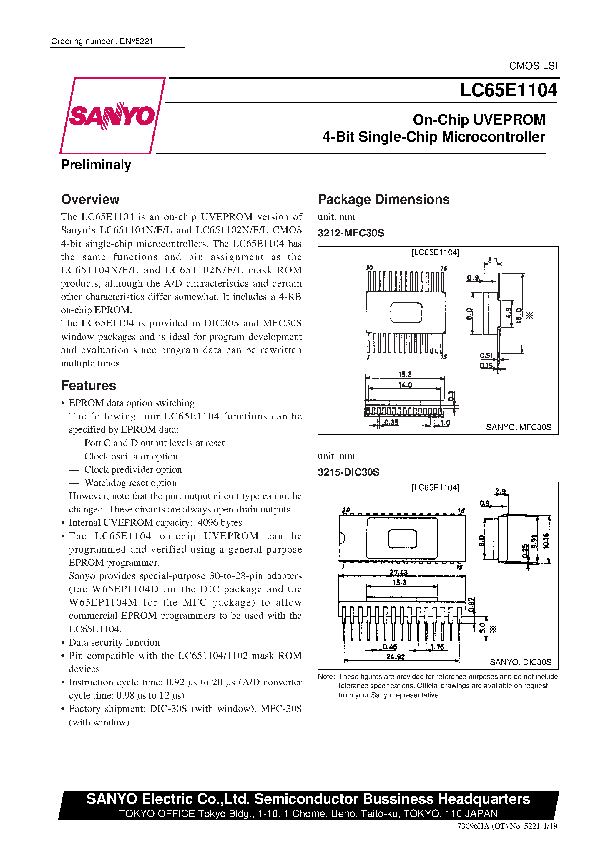Datasheet LC65P1104 - One-Time Programmable 4-Bit Single-Chip Microcontroller page 1