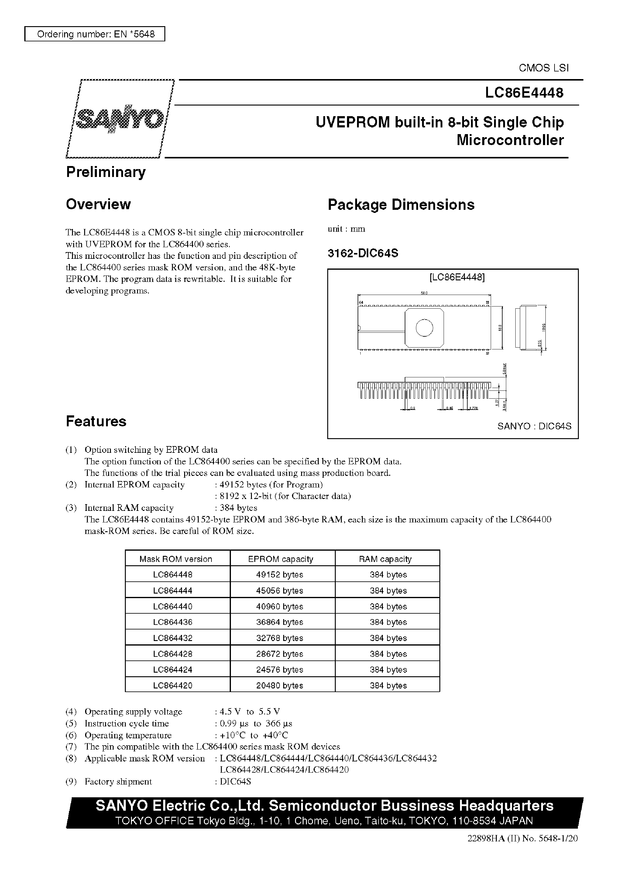 Datasheet LC864424 - 8-Bit Single Chip Microcontroller page 1