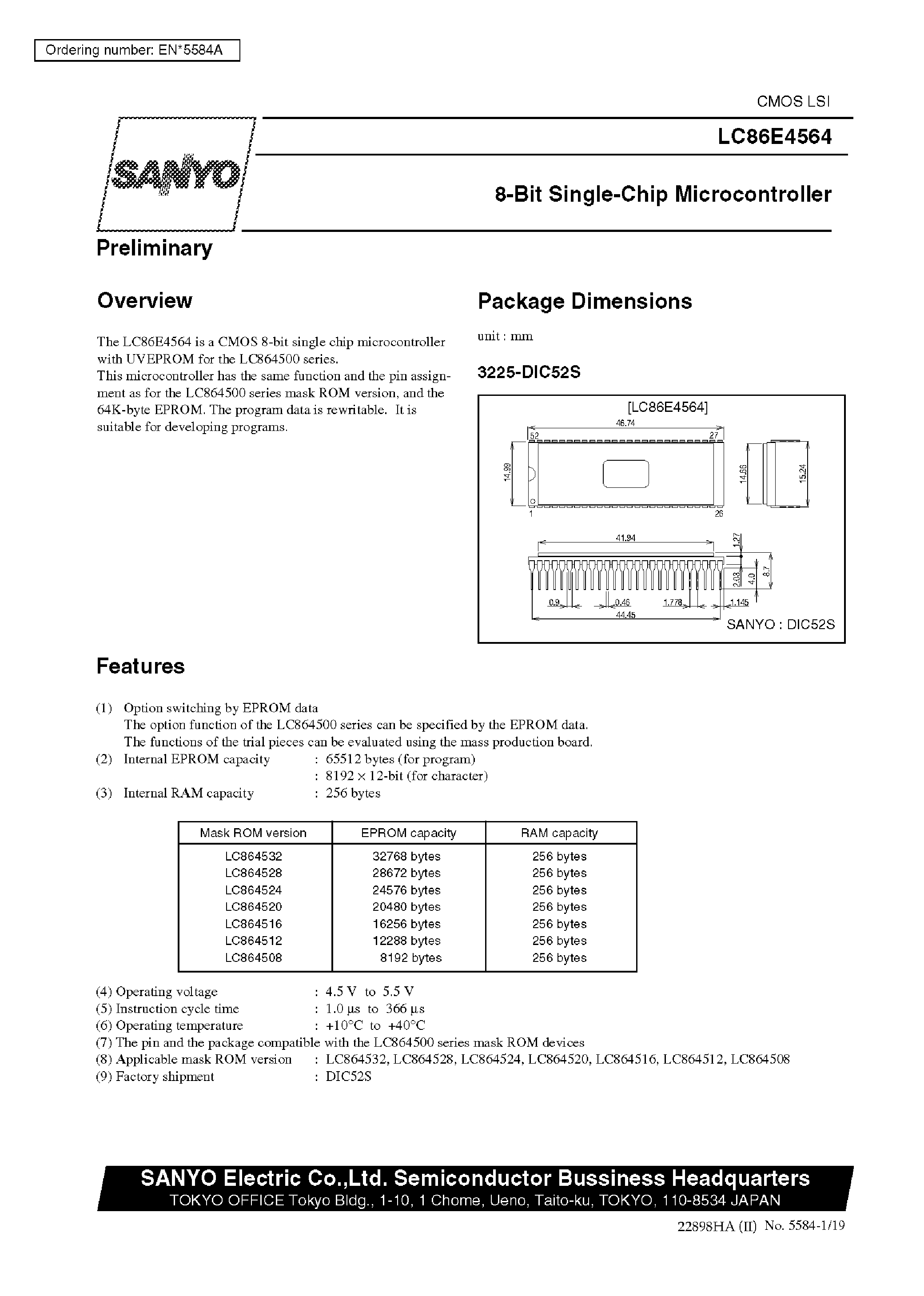 Datasheet LC864516 - One-time PROM built-in 8-Bit Single Chip Microcontroller page 1
