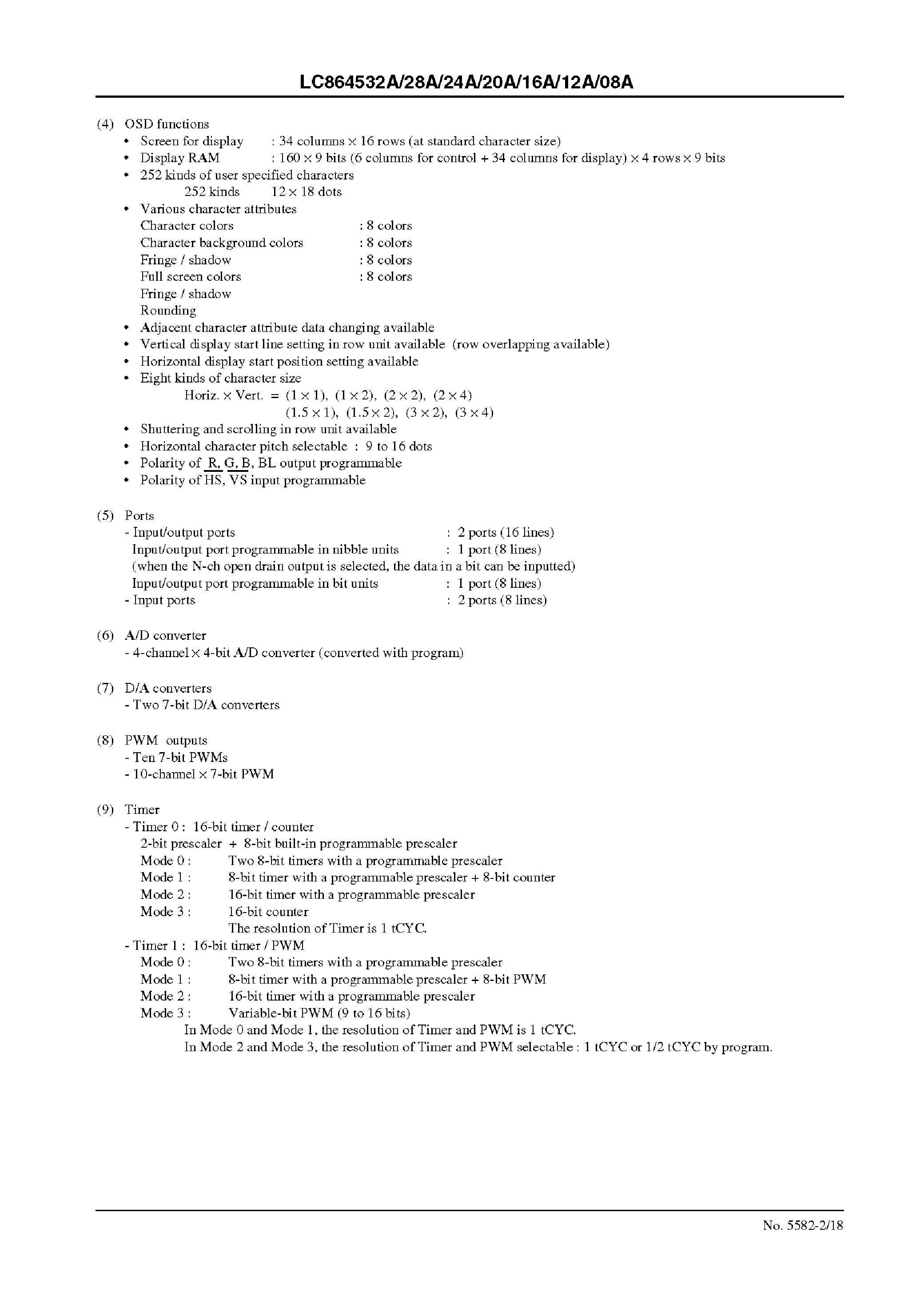 Datasheet LC864520A - 8-Bit Single-Chip Microcontroller page 2