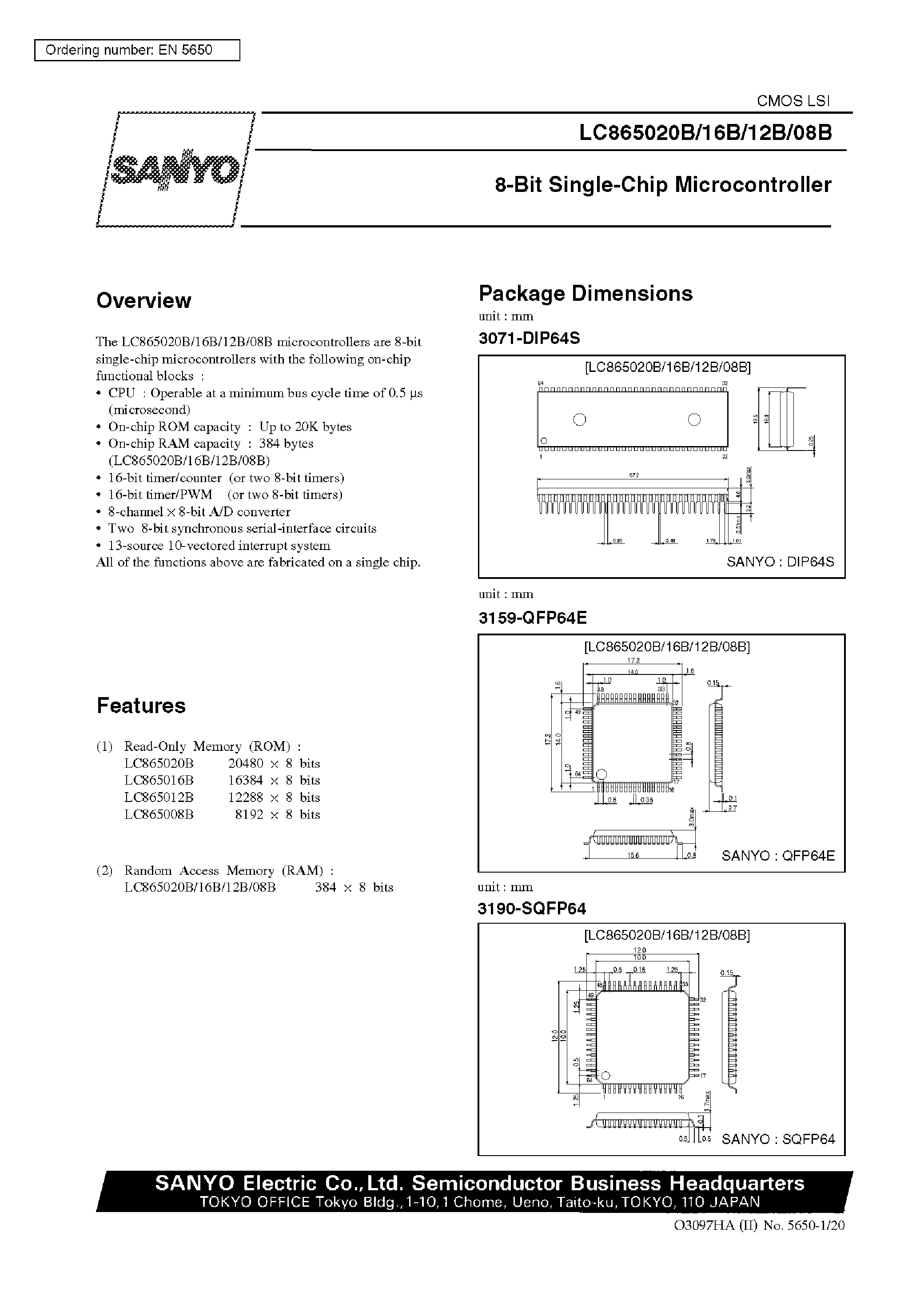 Datasheet LC865012B - 8-Bit Single-Chip Microcontroller page 1