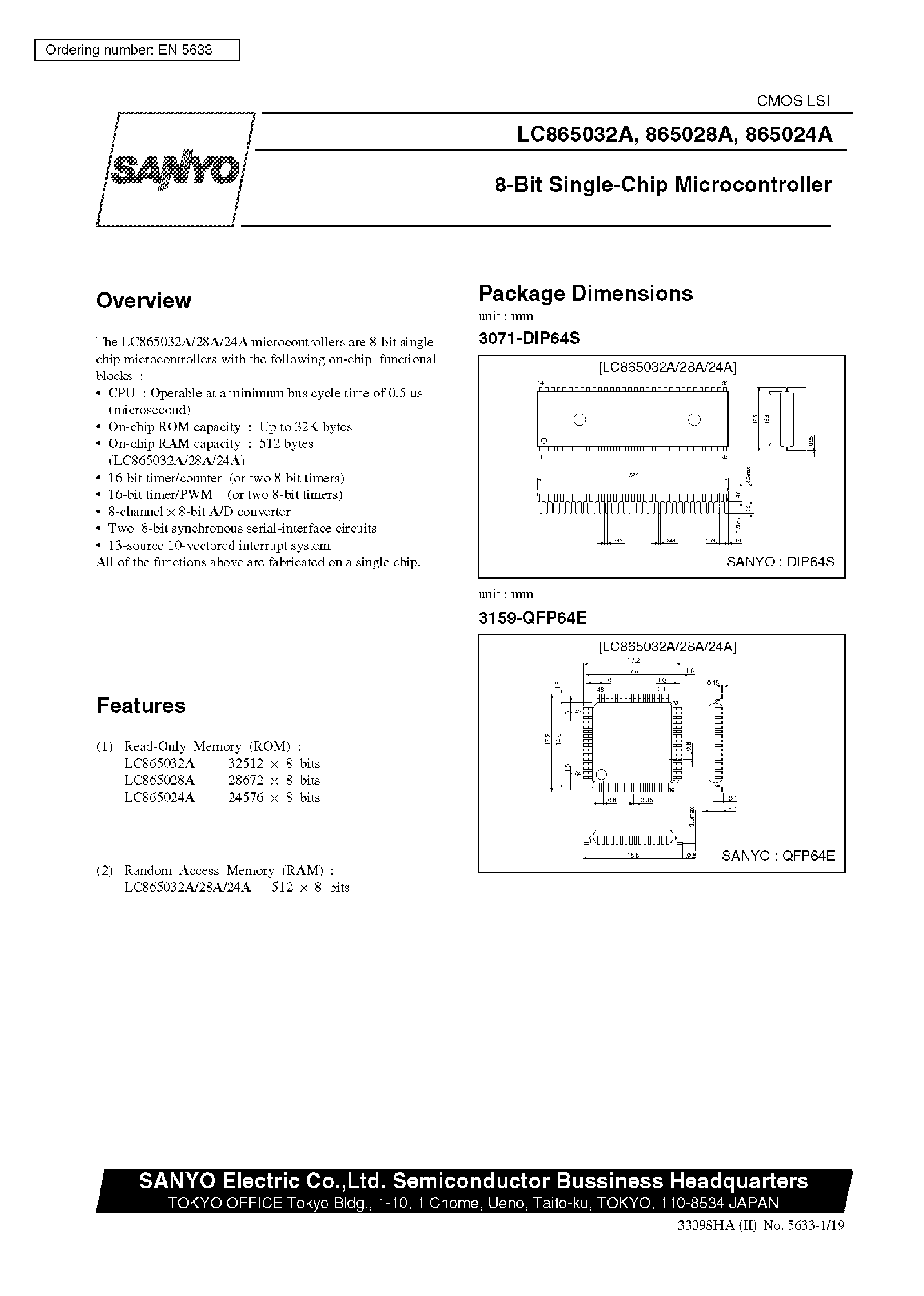 Datasheet LC865032A - 8-Bit Single-Chip Microcontroller page 1