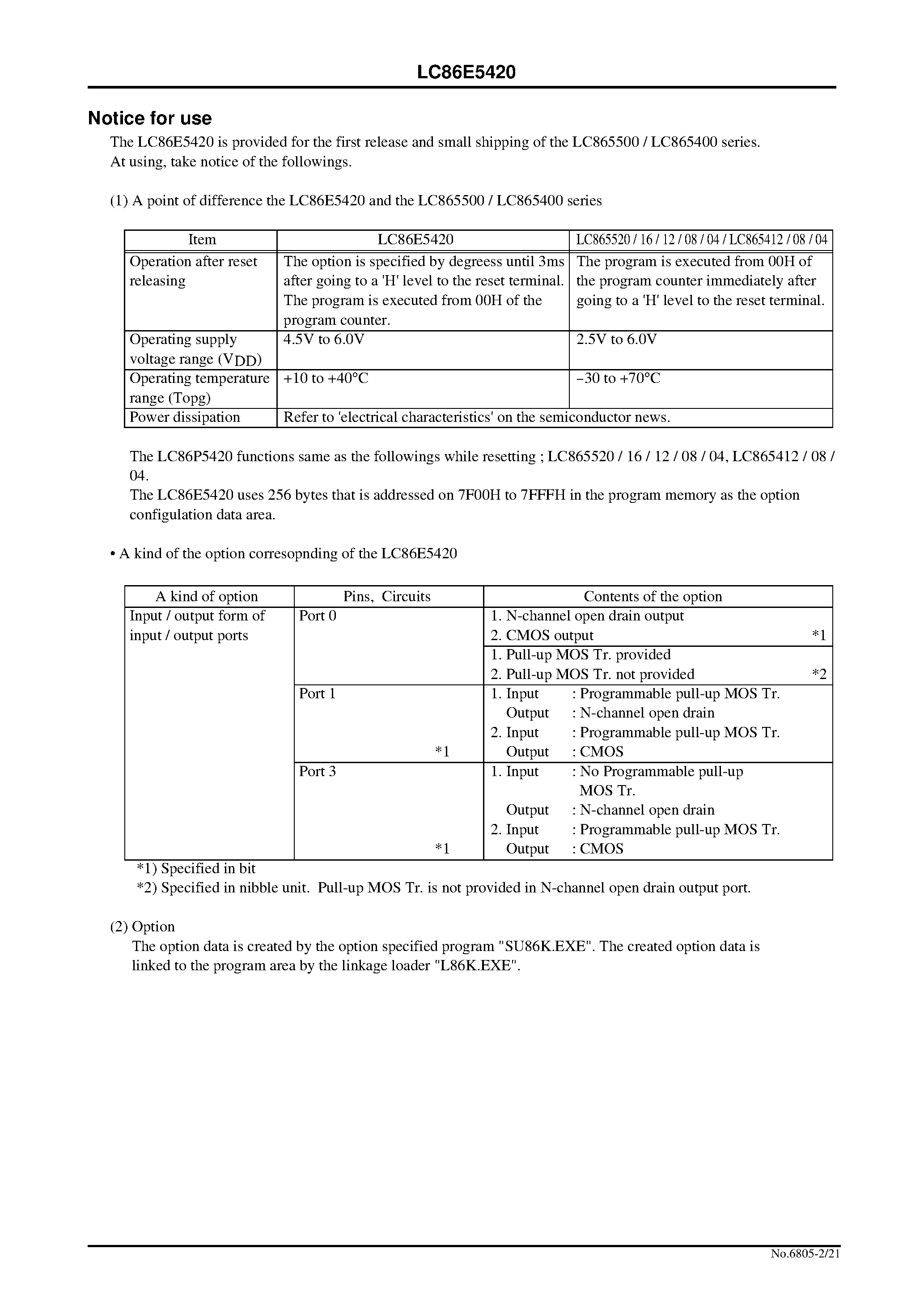Datasheet LC865408 - 8-Bit Single Chip Microcontroller with the One-Time Programmable PROM page 2
