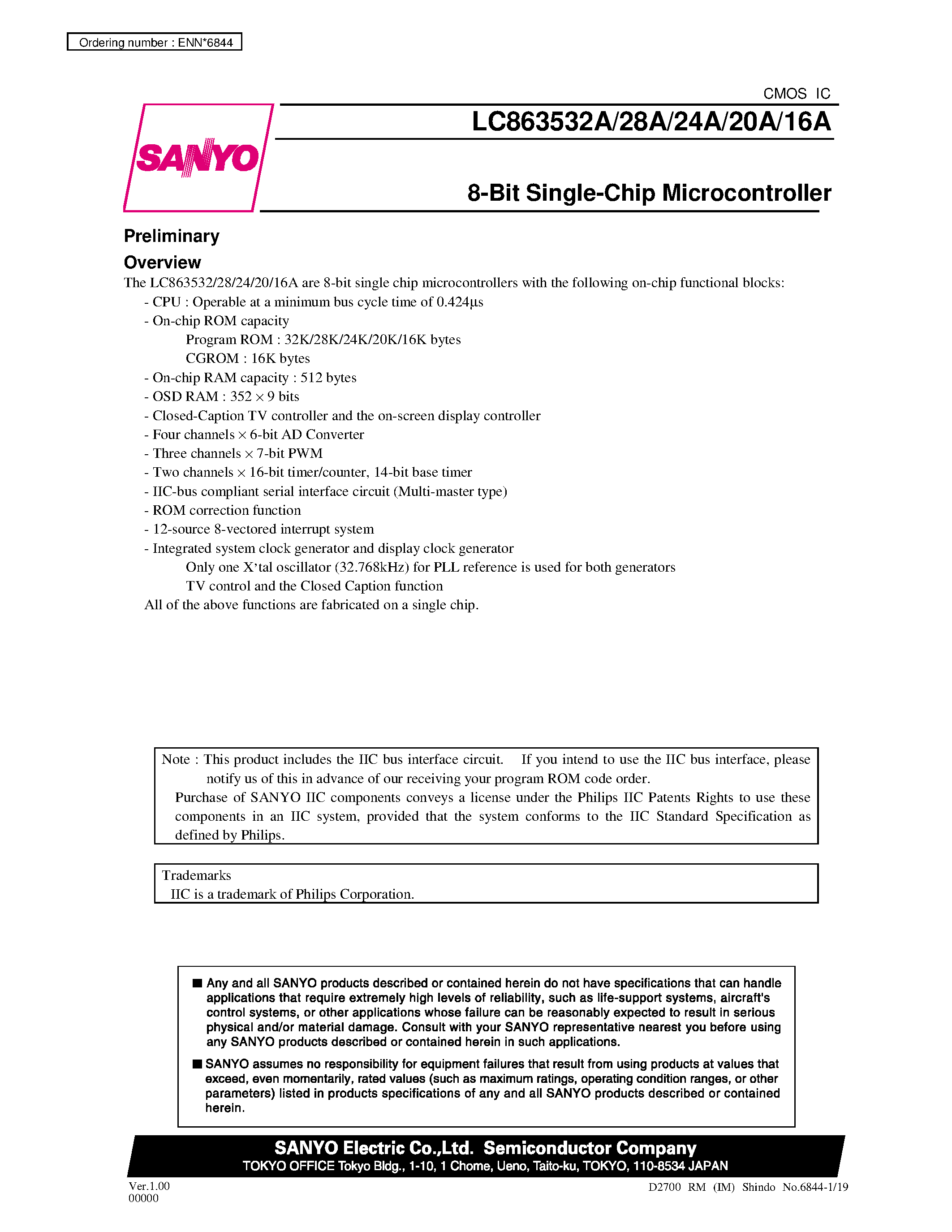 Datasheet LC865512B - 8-Bit Single Chip Microcontroller with On-Chip 20/16/12/08/04K-Byte ROM and 512-Byte RAM page 1