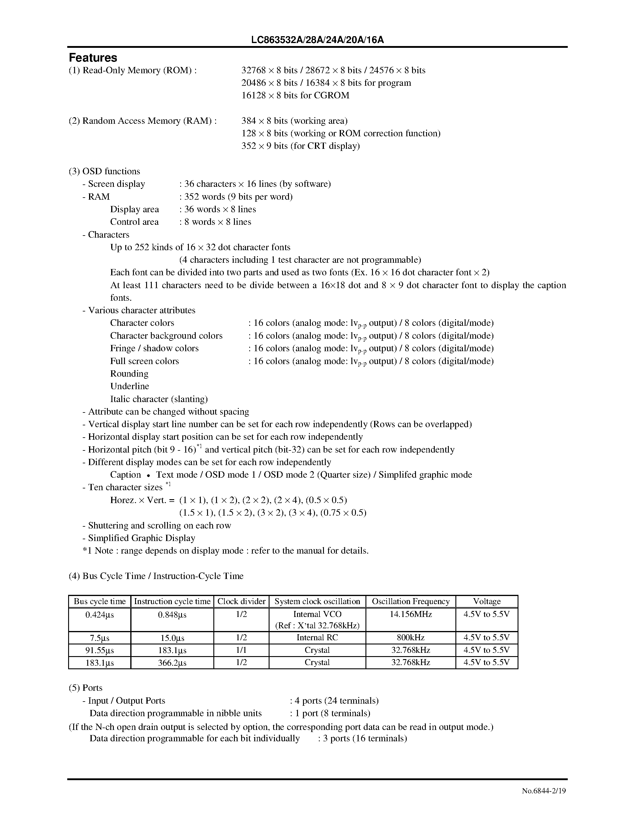 Datasheet LC865512B - 8-Bit Single Chip Microcontroller with On-Chip 20/16/12/08/04K-Byte ROM and 512-Byte RAM page 2