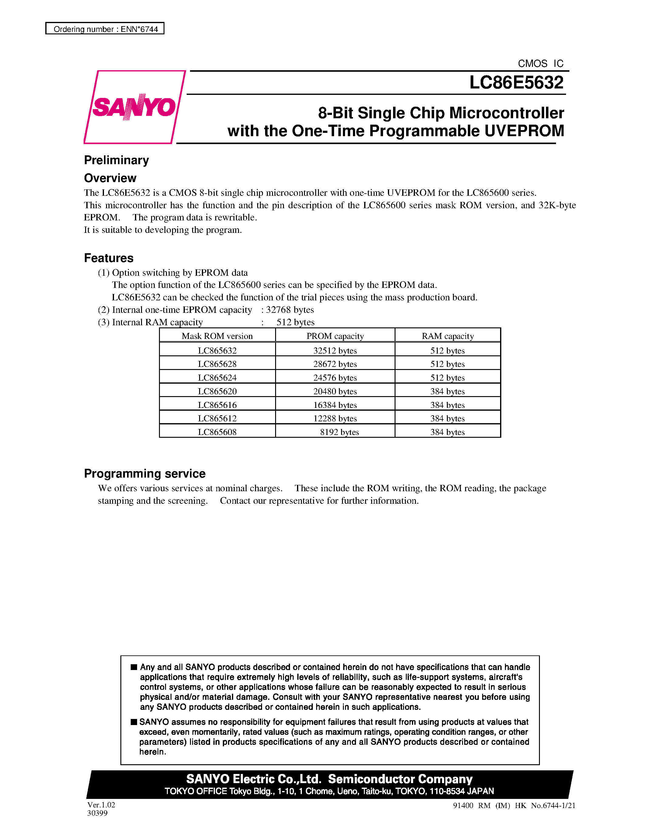 Datasheet LC865620 - 8-Bit Single Chip Microcontroller with One-Time Programmable PROM page 1