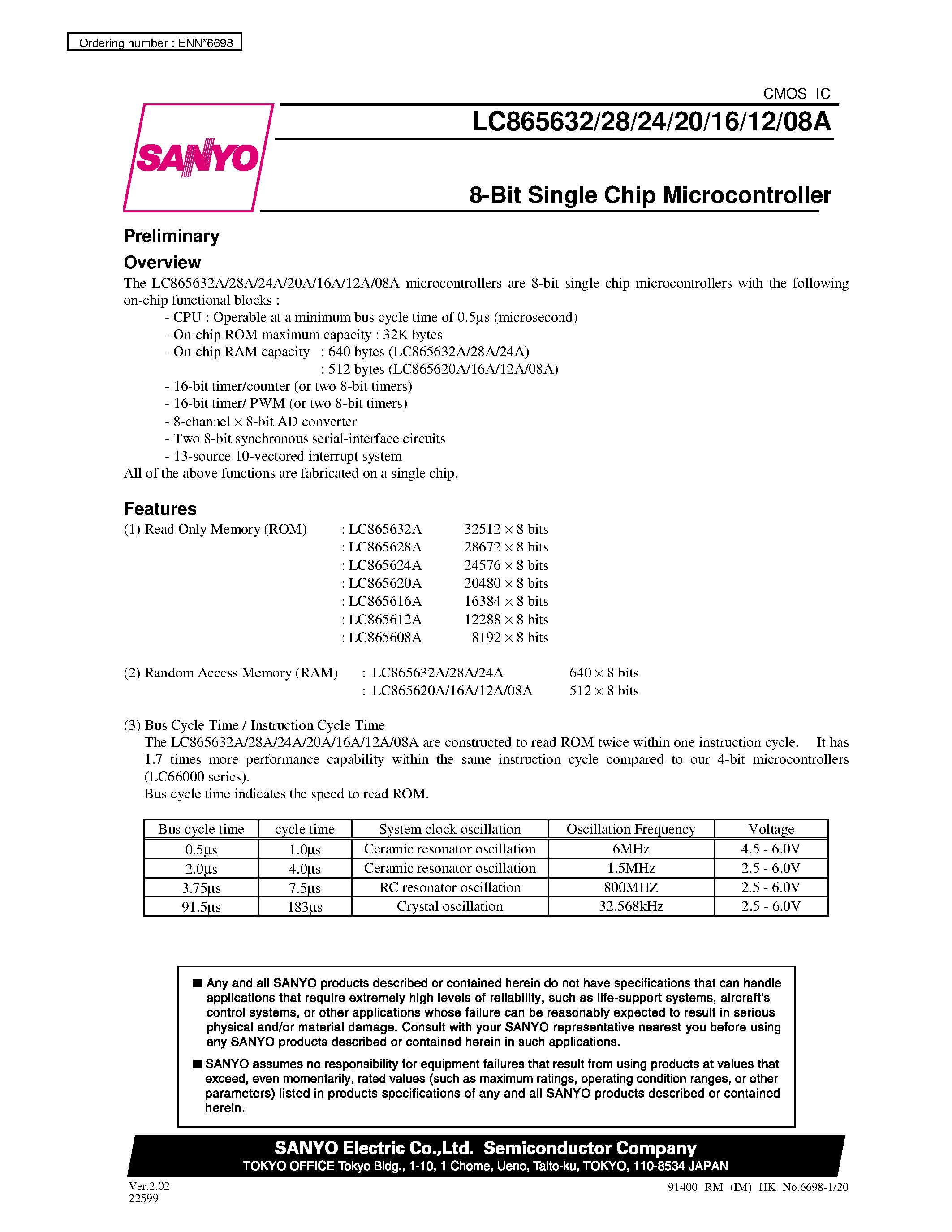 Datasheet LC865632 - 8-Bit Single Chip Microcontroller with One-Time Programmable PROM page 1