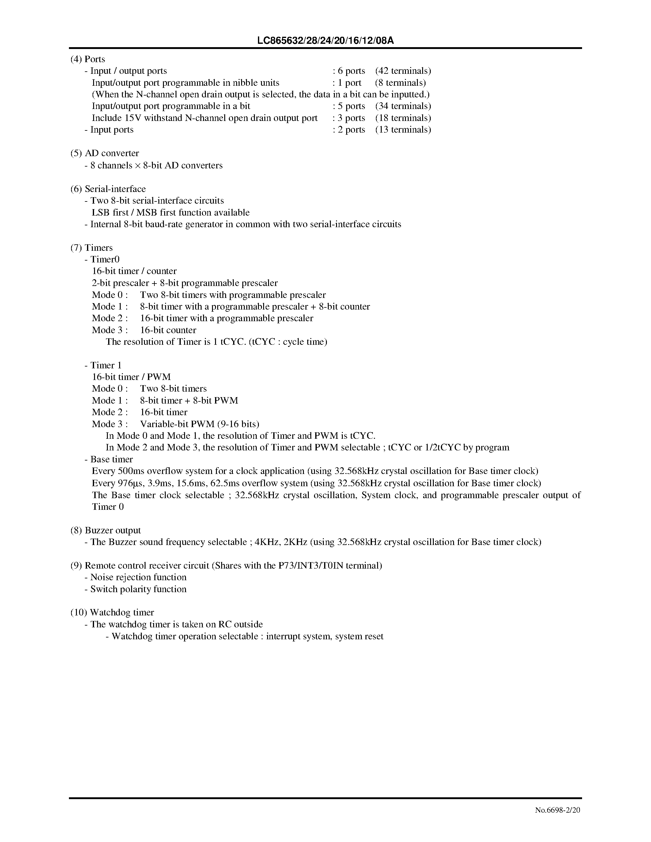Datasheet LC865632 - 8-Bit Single Chip Microcontroller with One-Time Programmable PROM page 2