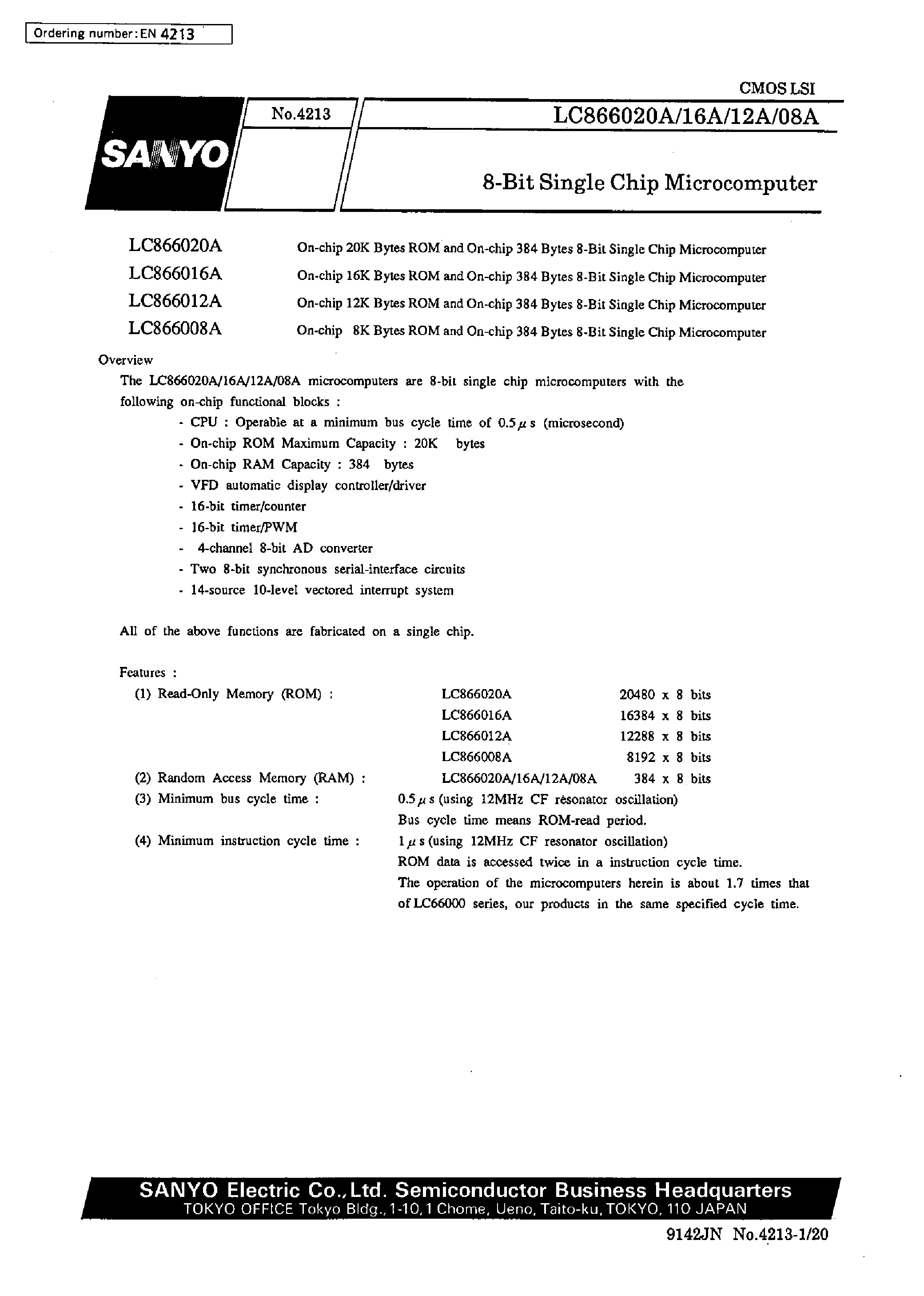 Datasheet LC866016A - 8-bit single chip microcomputer page 1