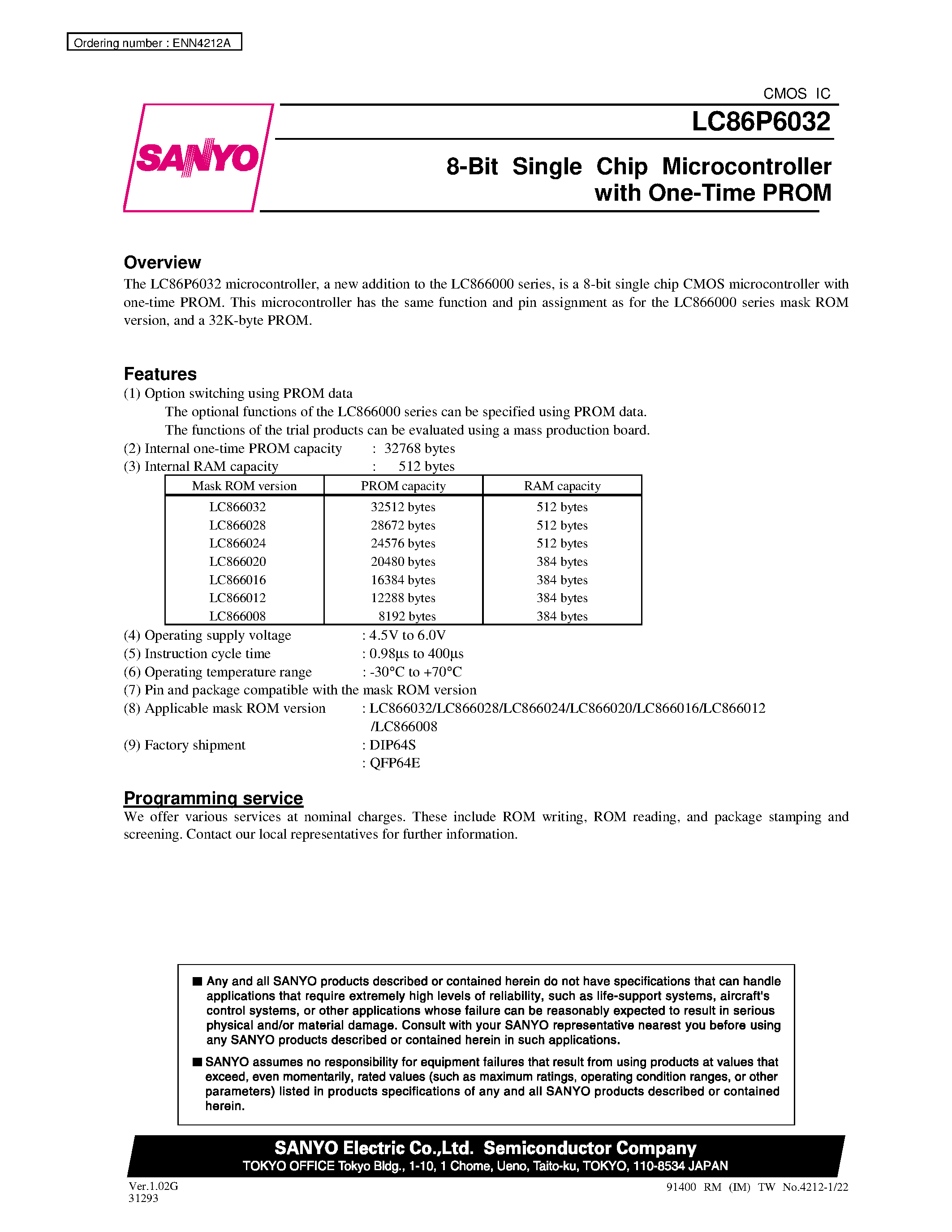Datasheet LC866020 - 8-Bit Single Chip Microcontroller with One-Time PROM page 1