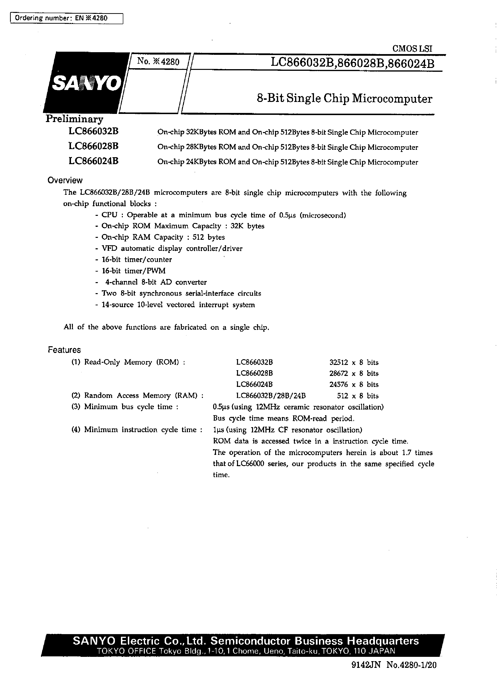 Datasheet LC866032B - 8-bit single chip microcomputer page 1
