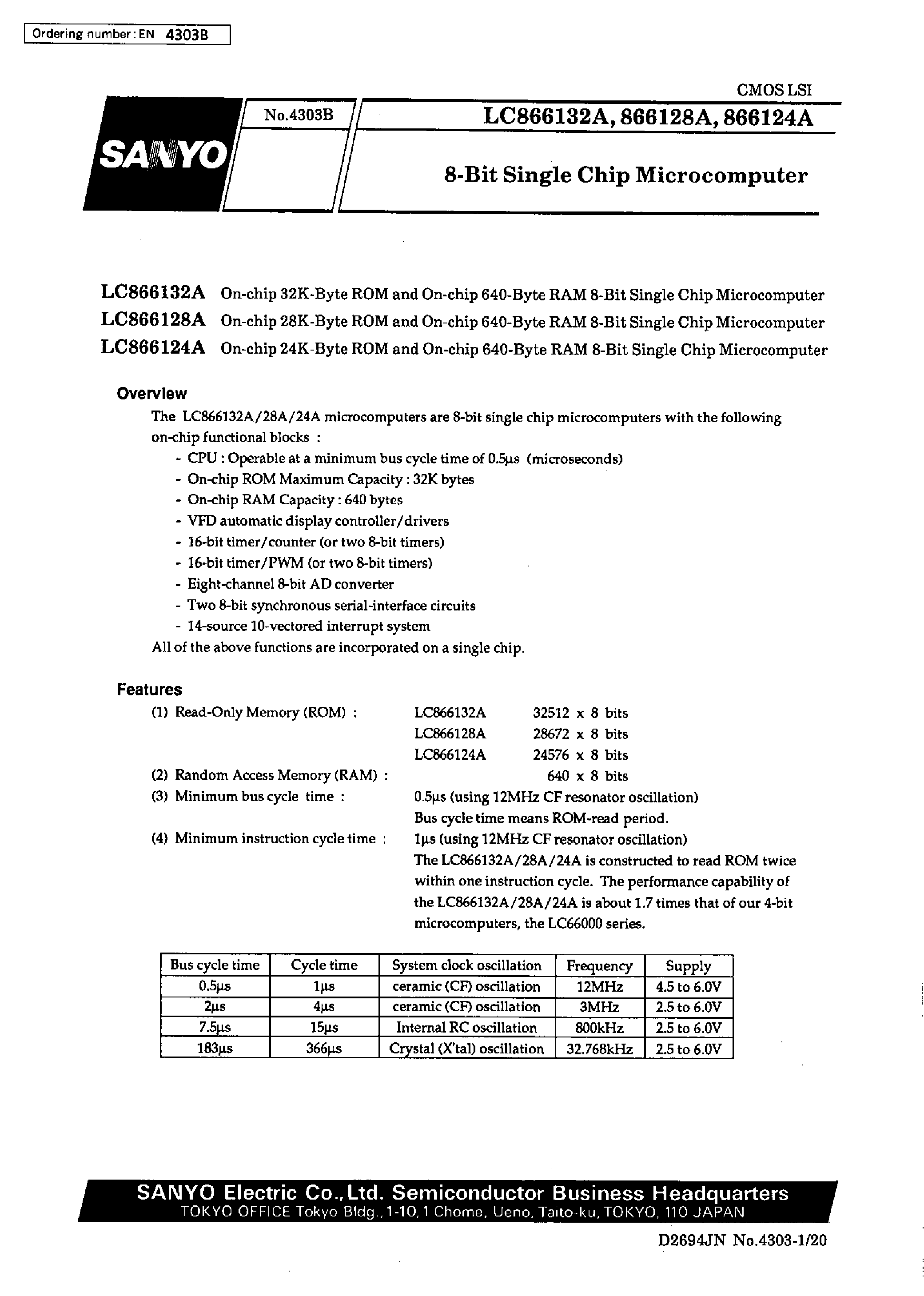 Datasheet LC866124A - 8-bit single chip microcomputer page 1