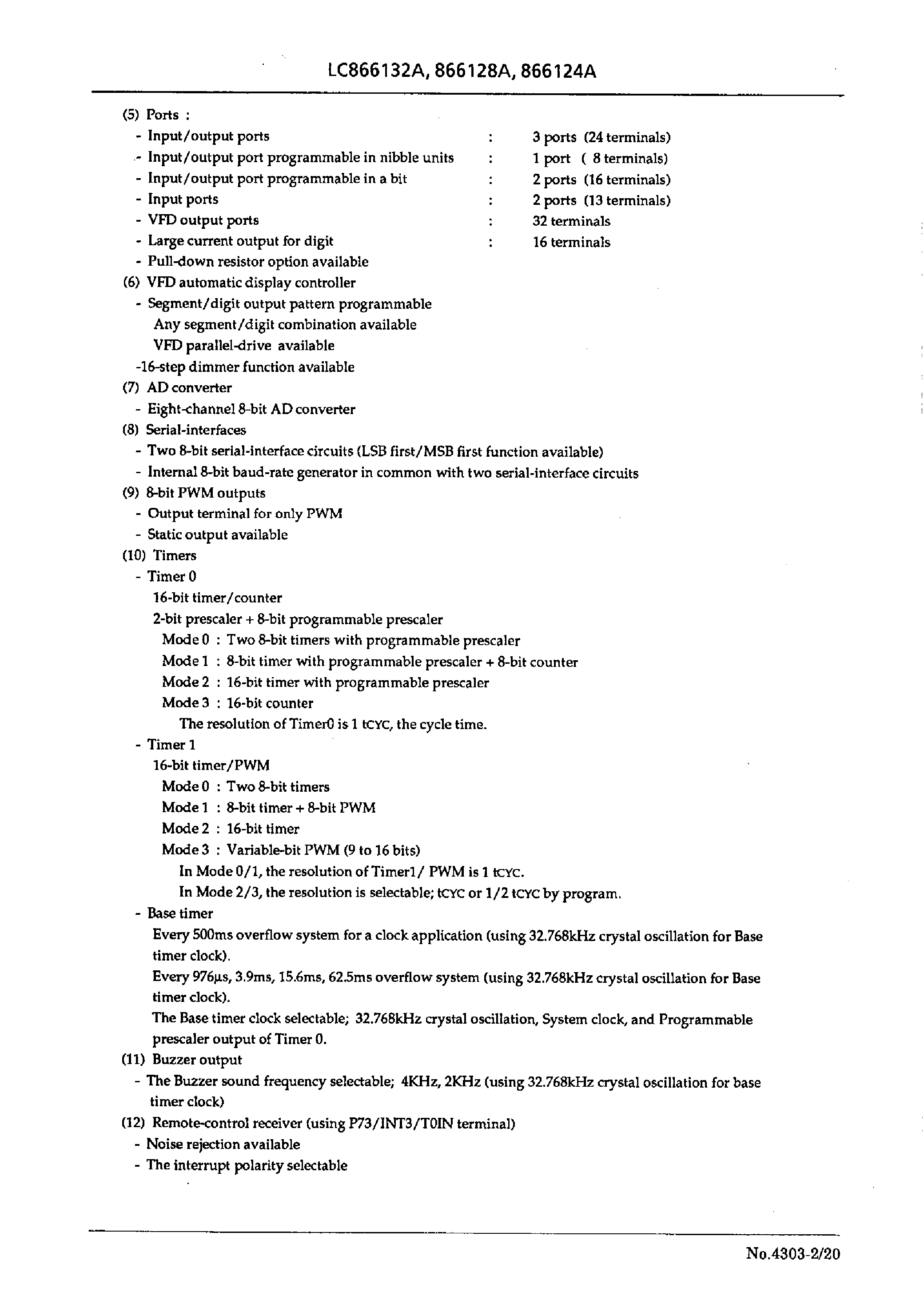 Datasheet LC866128A - 8-bit single chip microcomputer page 2