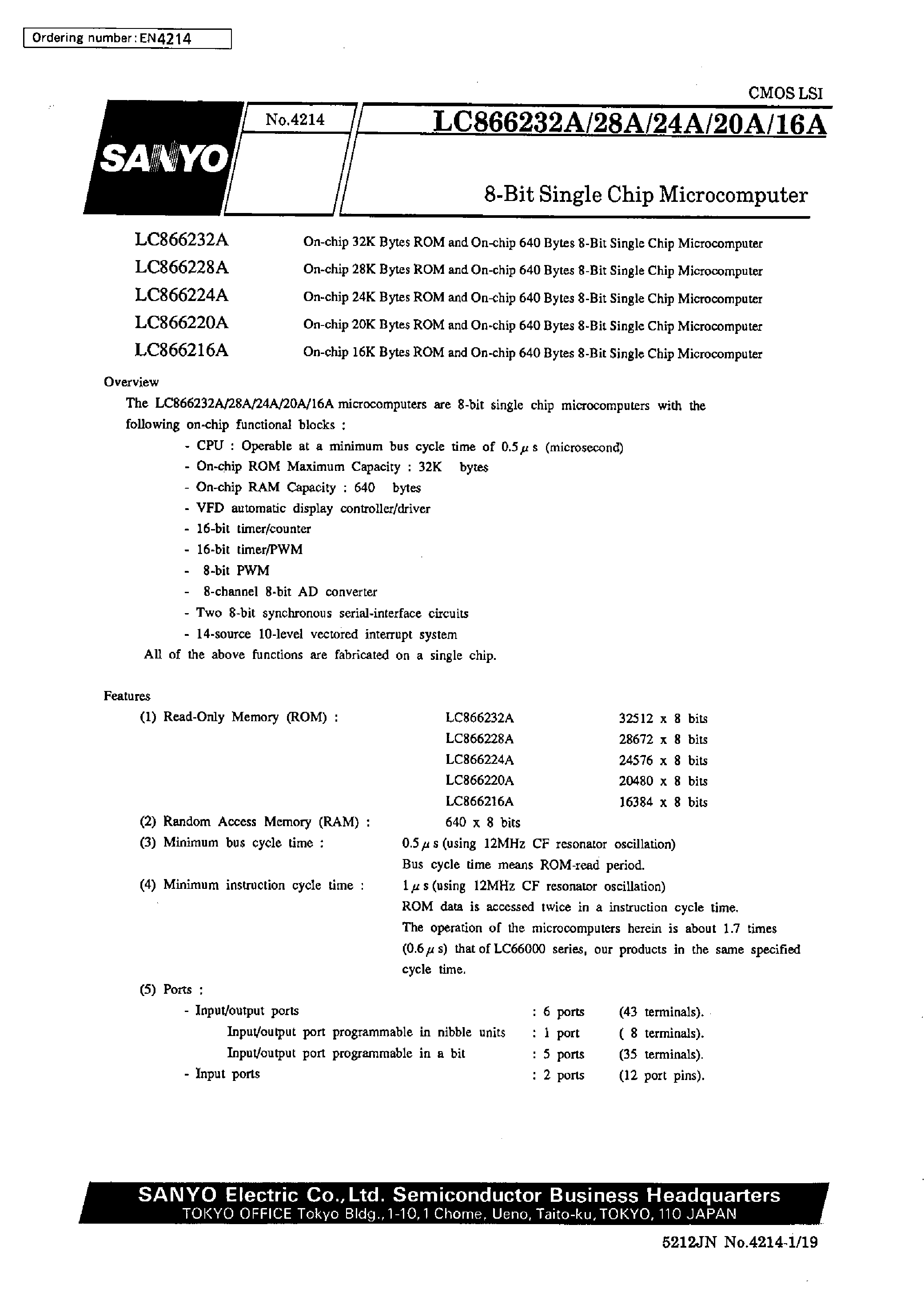 Datasheet LC866224A - 8-bit single chip microcomputer page 1