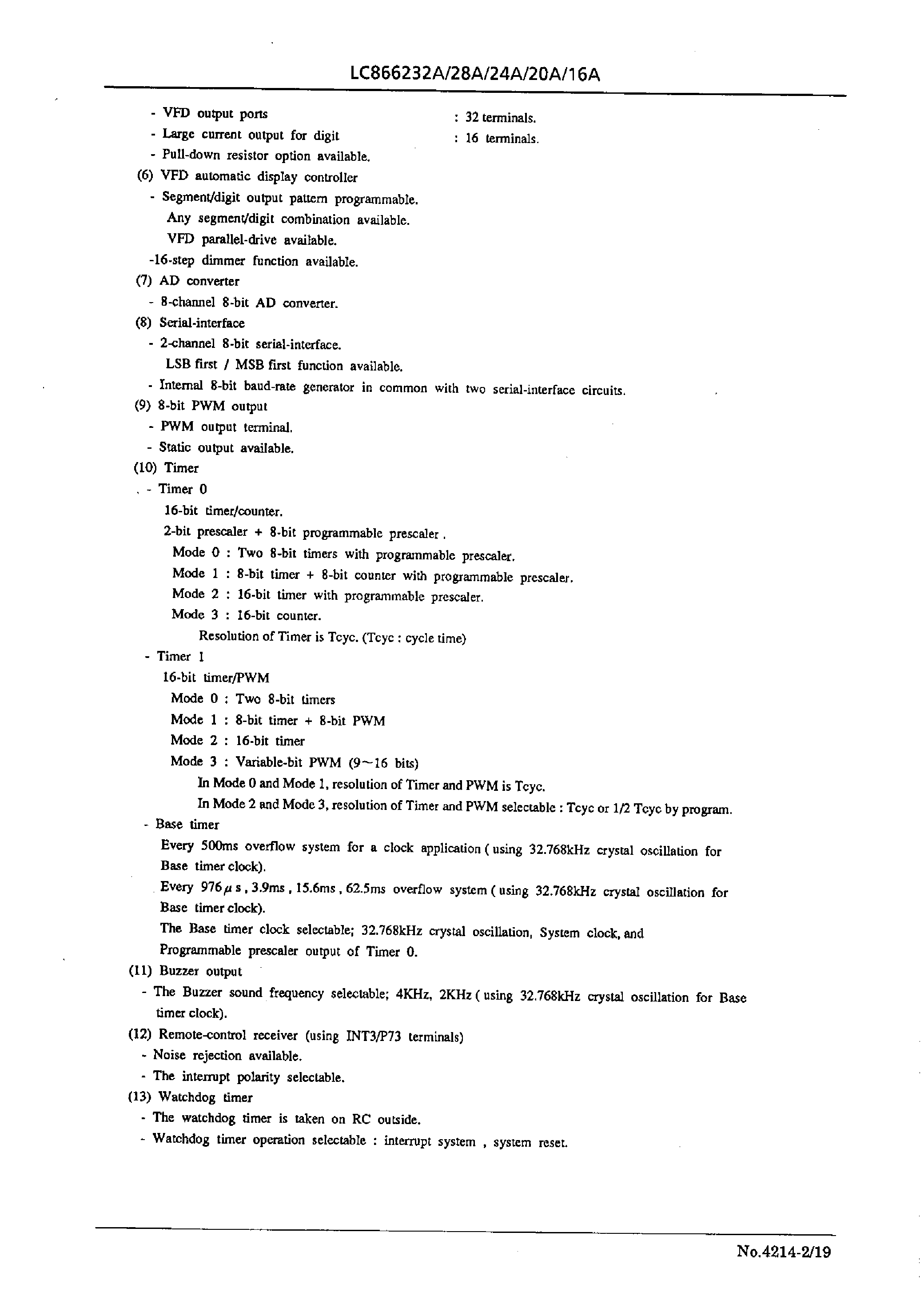 Datasheet LC866228A - 8-bit single chip microcomputer page 2