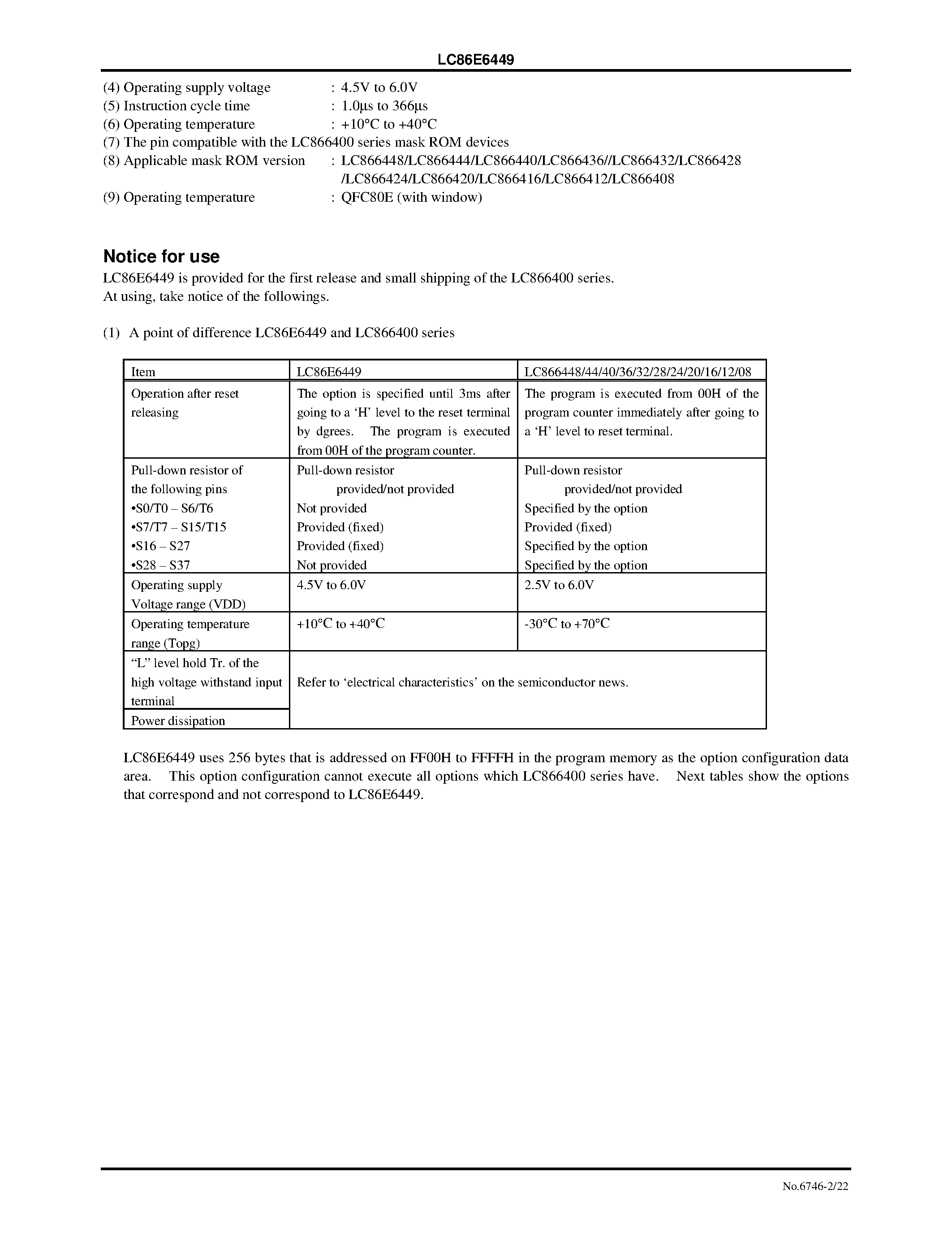 Datasheet LC866416 - 8-Bit Single Chip Microcontroller with One-Time Programmable PROM page 2