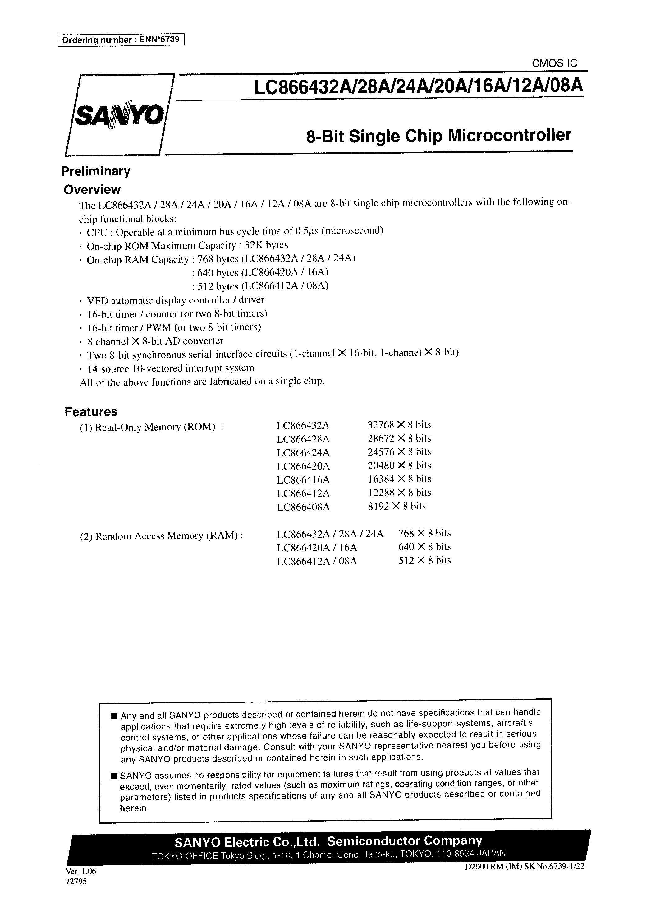 Datasheet LC866432A - 8-Bit Single Chip Microcontroller page 1
