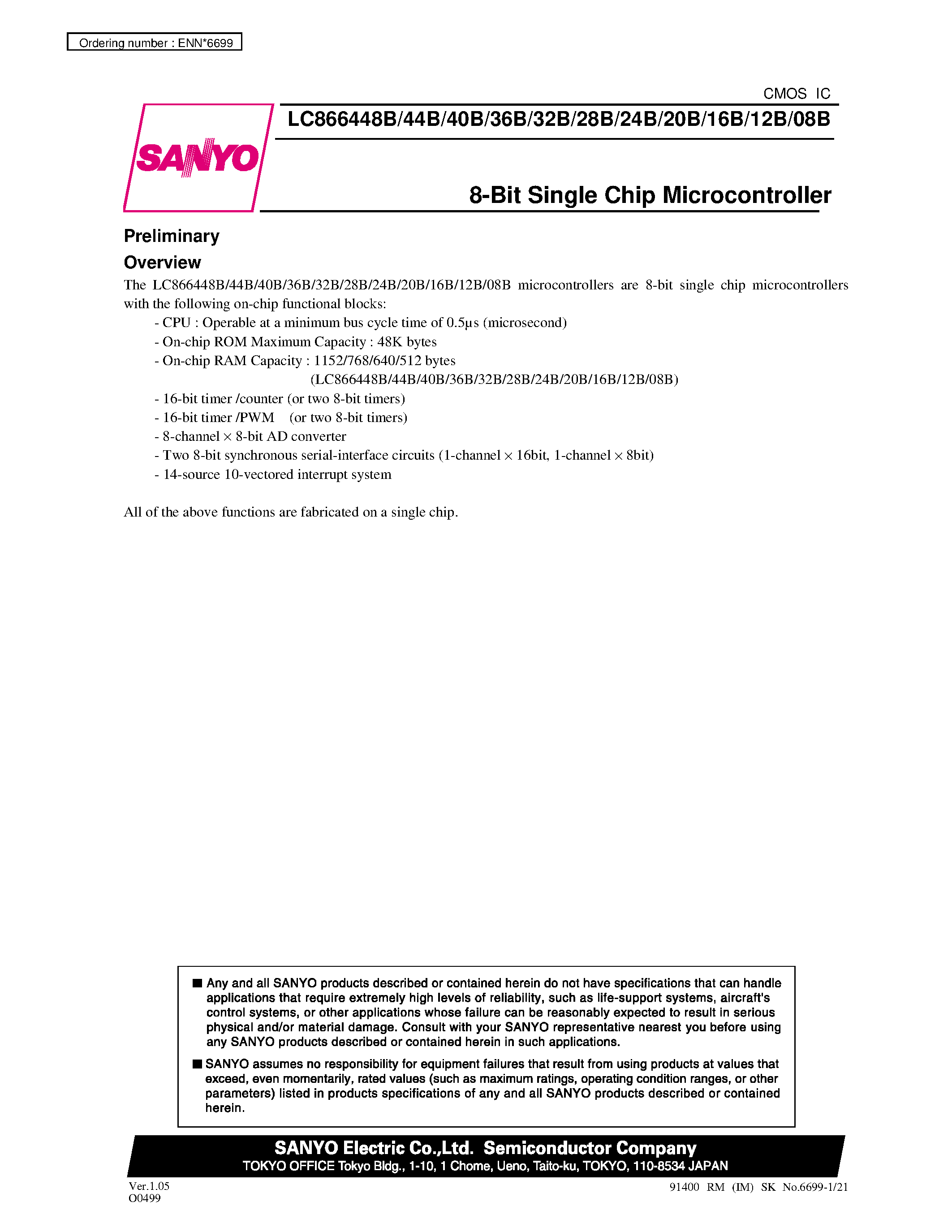 Datasheet LC866440B - 8-Bit Single Chip Microcontroller page 1