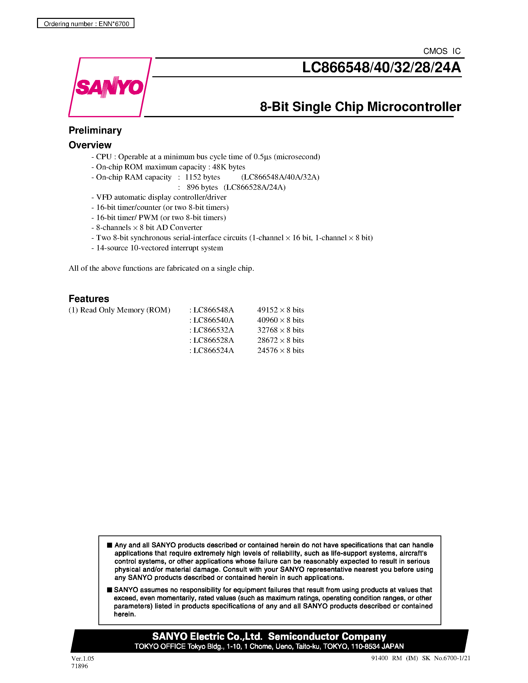 Datasheet LC866524A - 8-Bit Single Chip Microcontroller page 1