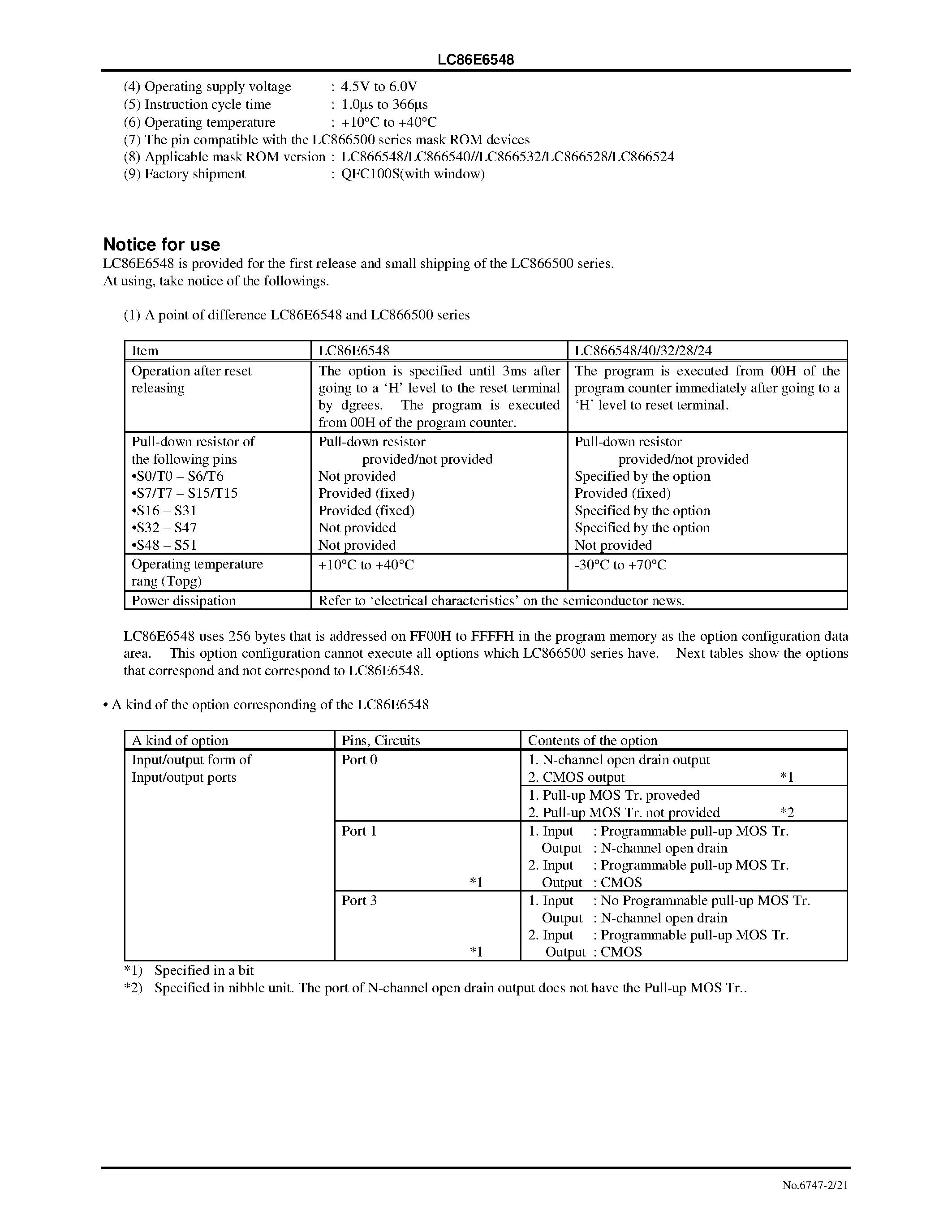 Datasheet LC866540 - 8-Bit Single Chip Microcontroller with One-Time Programmable PROM page 2