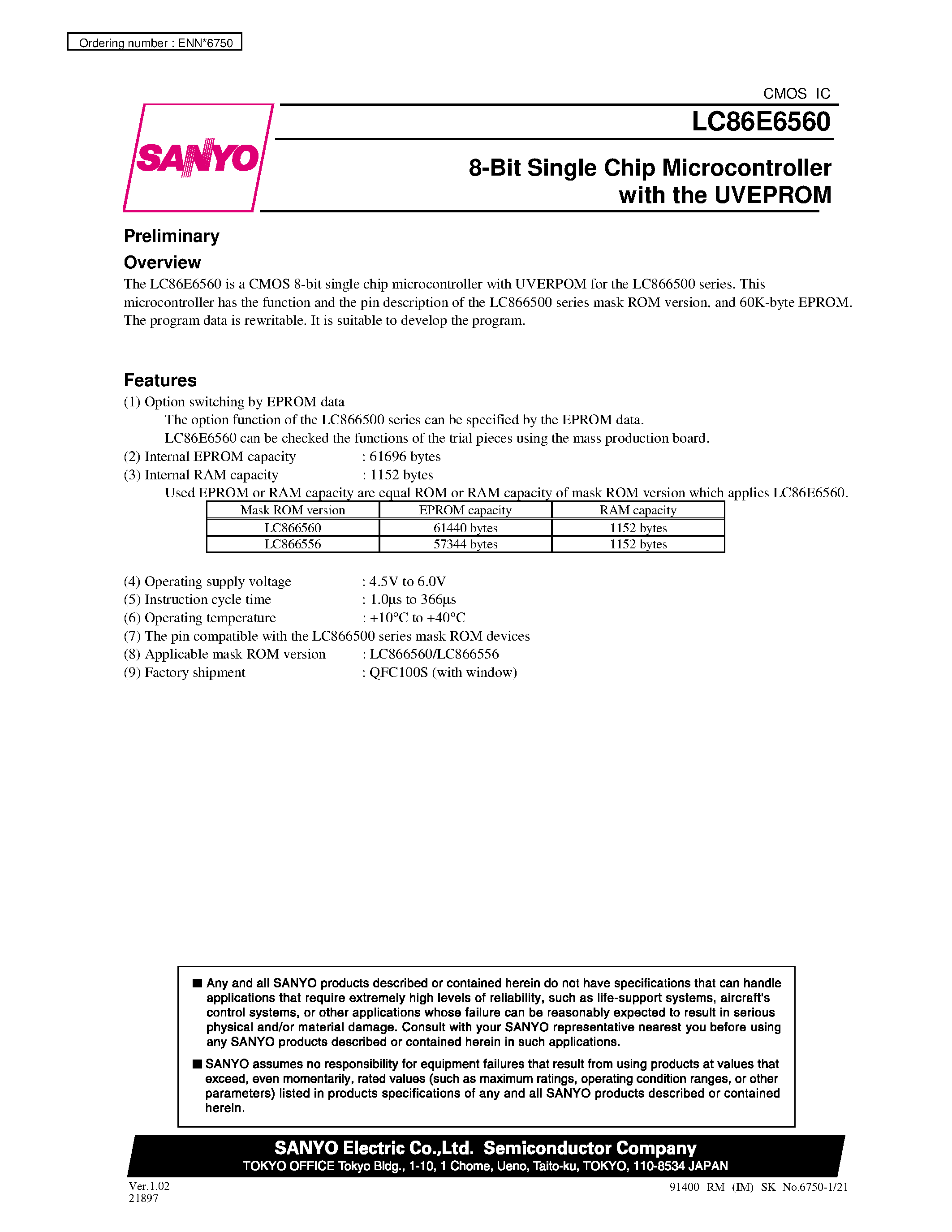 Datasheet LC866560 - 8-Bit Single Chip Microcontroller with One-Time Programmable PROM page 1