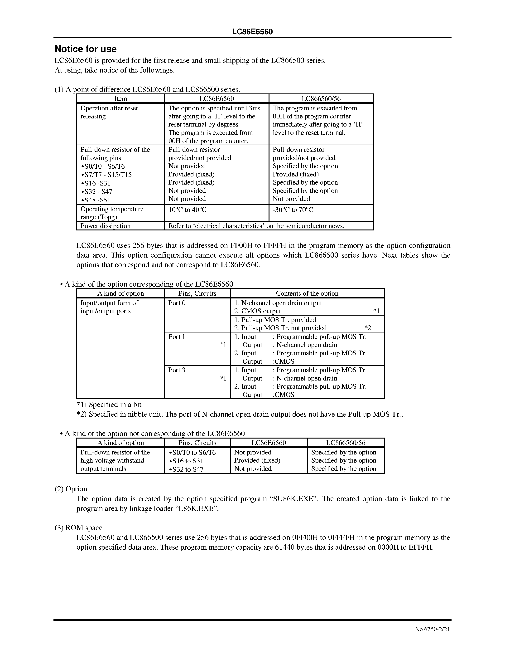 Datasheet LC866560 - 8-Bit Single Chip Microcontroller with One-Time Programmable PROM page 2