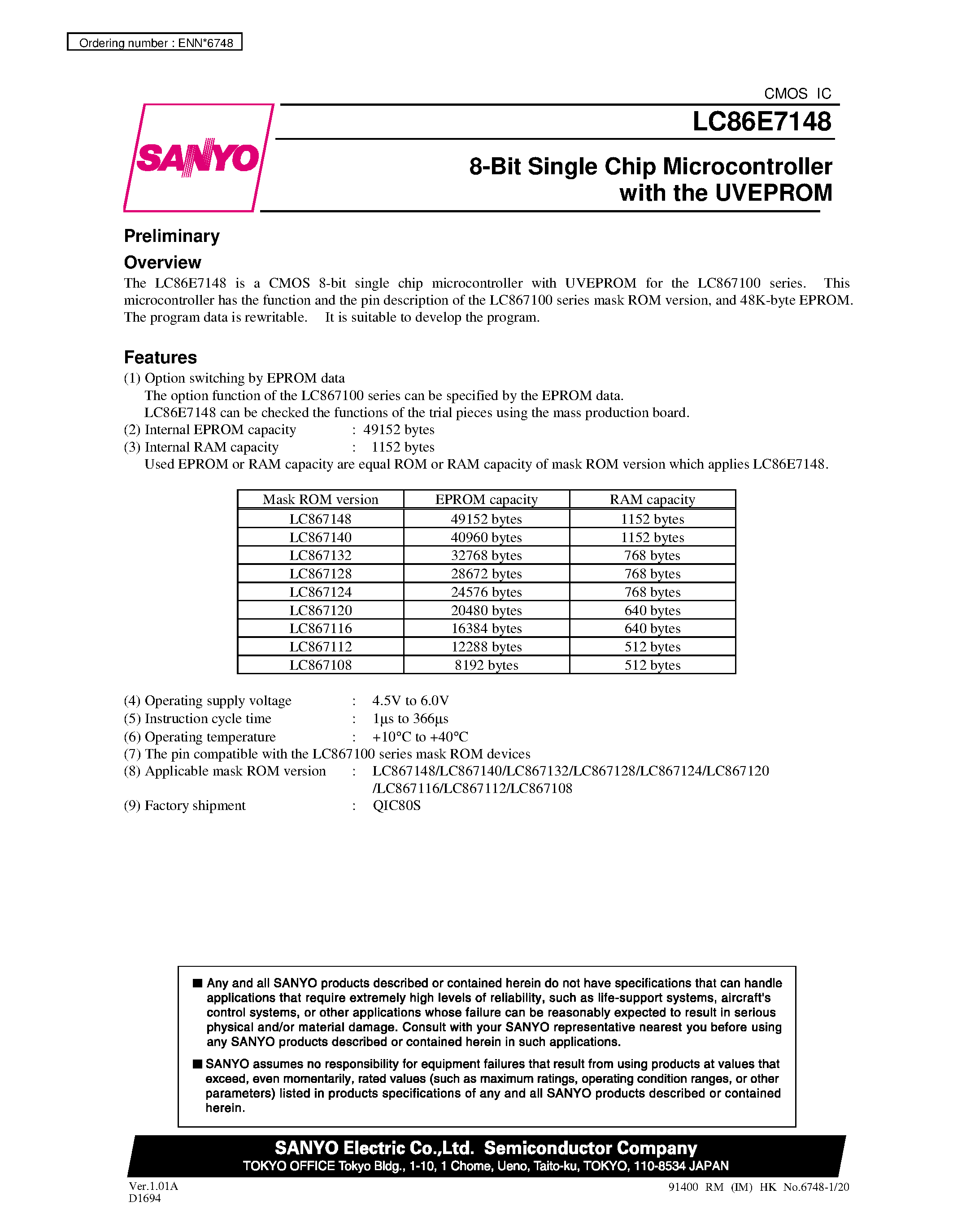 Datasheet LC867148 - 8-Bit Single Chip Microcontroller with One-Time Programmable PROM page 1