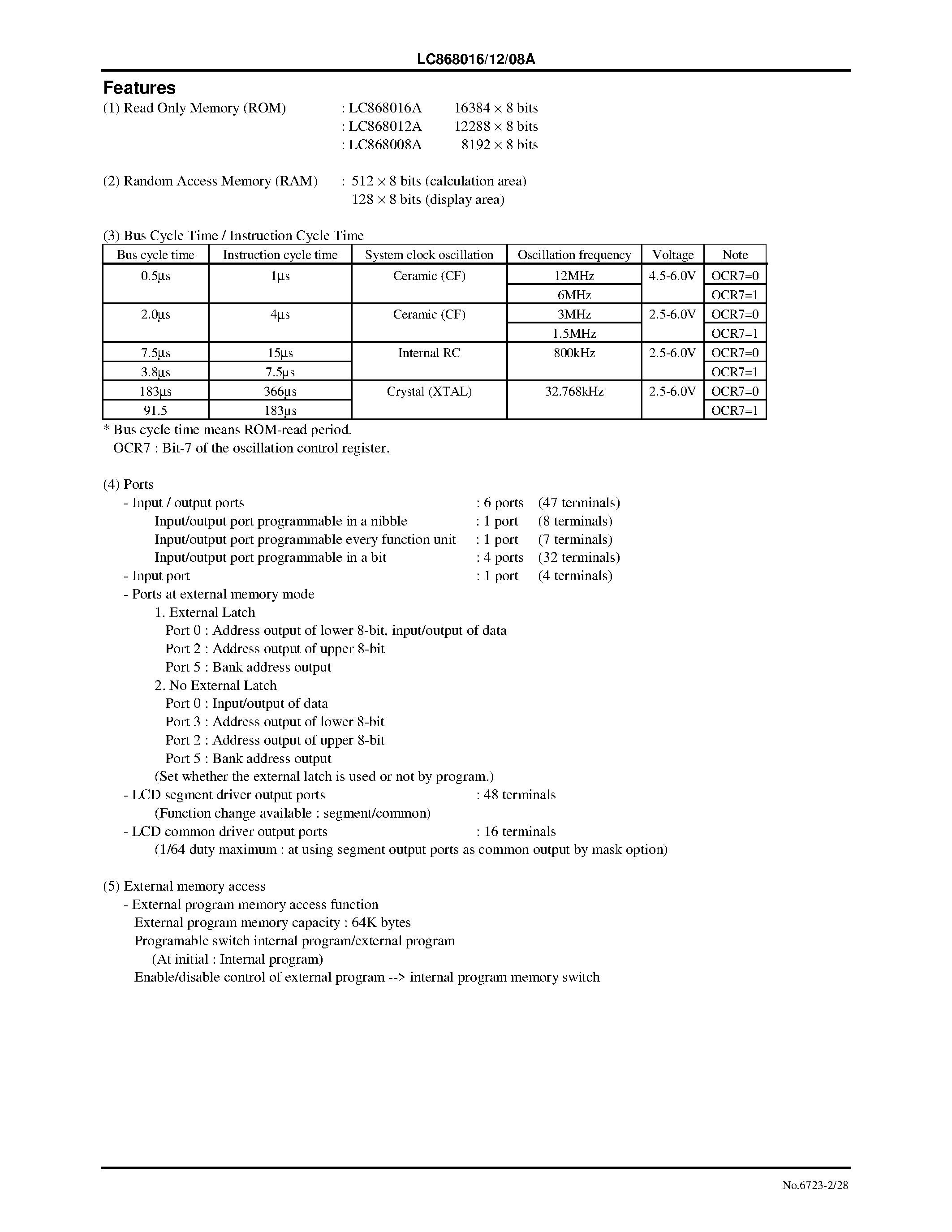 Datasheet LC868012A - 8-Bit Single Chip Microcontroller with 16/12/08K-Byte ROM and 640-Byte RAM On Chip page 2