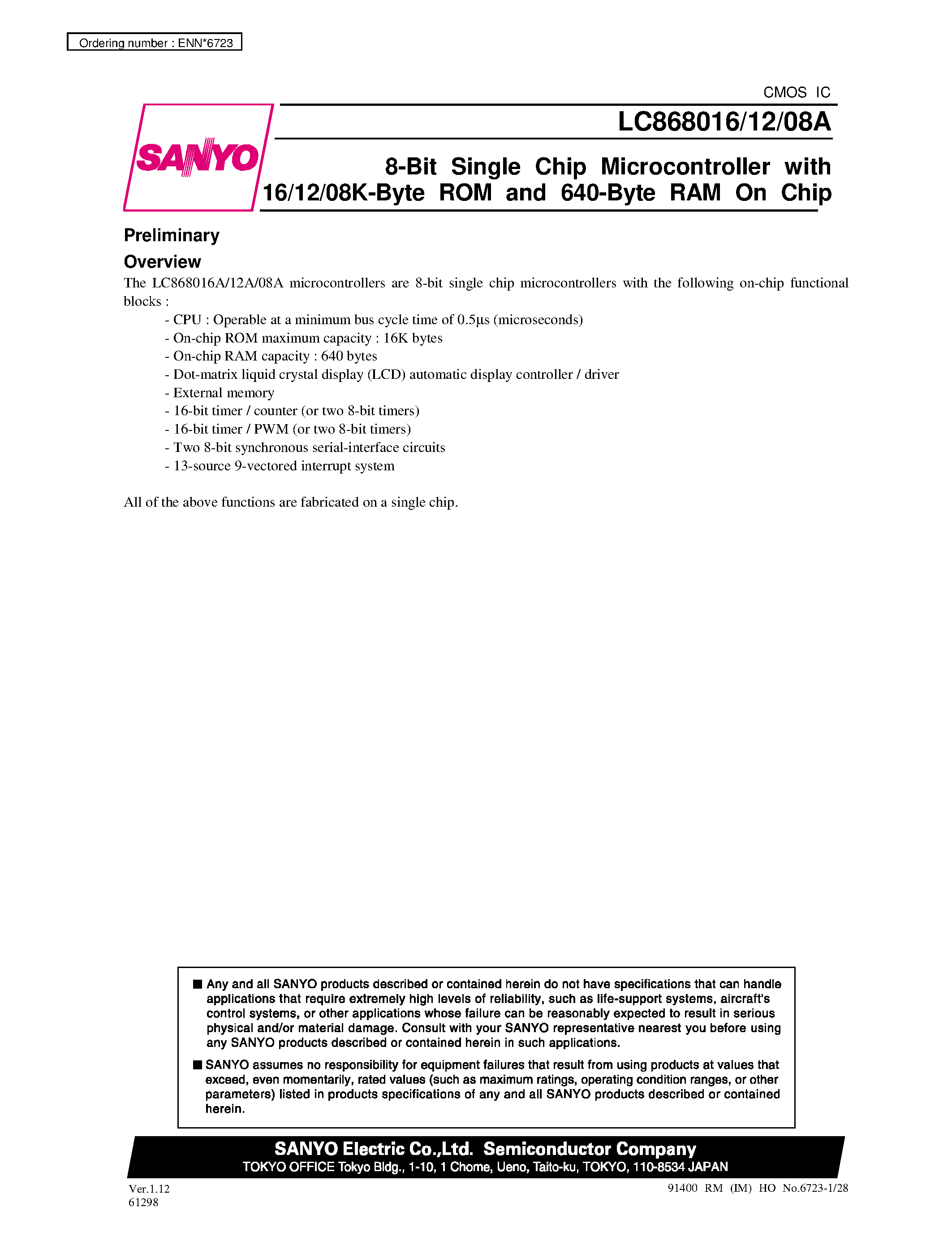 Datasheet LC868016A - 8-Bit Single Chip Microcontroller with 16/12/08K-Byte ROM and 640-Byte RAM On Chip page 1