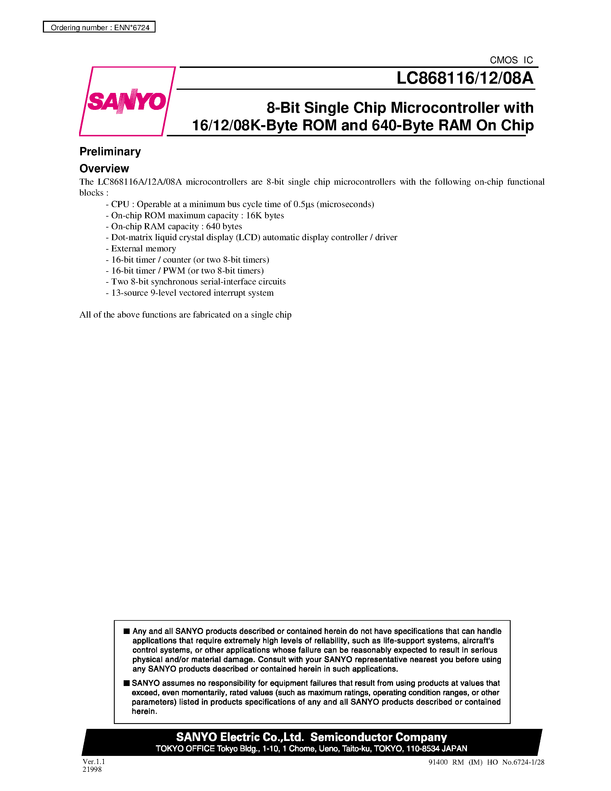 Datasheet LC868116A - 8-Bit Single Chip Microcontroller with 16/12/08K-Byte ROM and 640-Byte RAM On Chip page 1