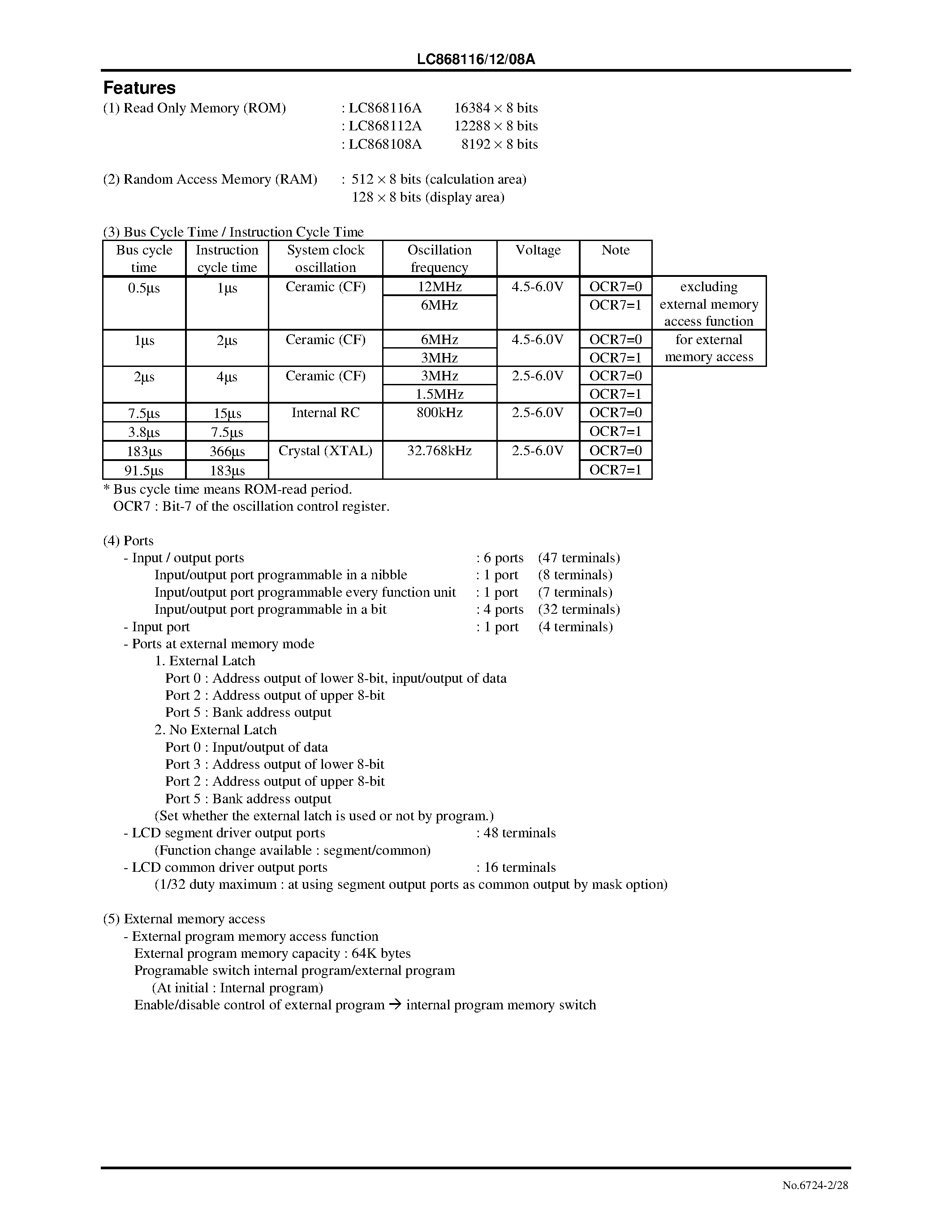 Datasheet LC868116A - 8-Bit Single Chip Microcontroller with 16/12/08K-Byte ROM and 640-Byte RAM On Chip page 2
