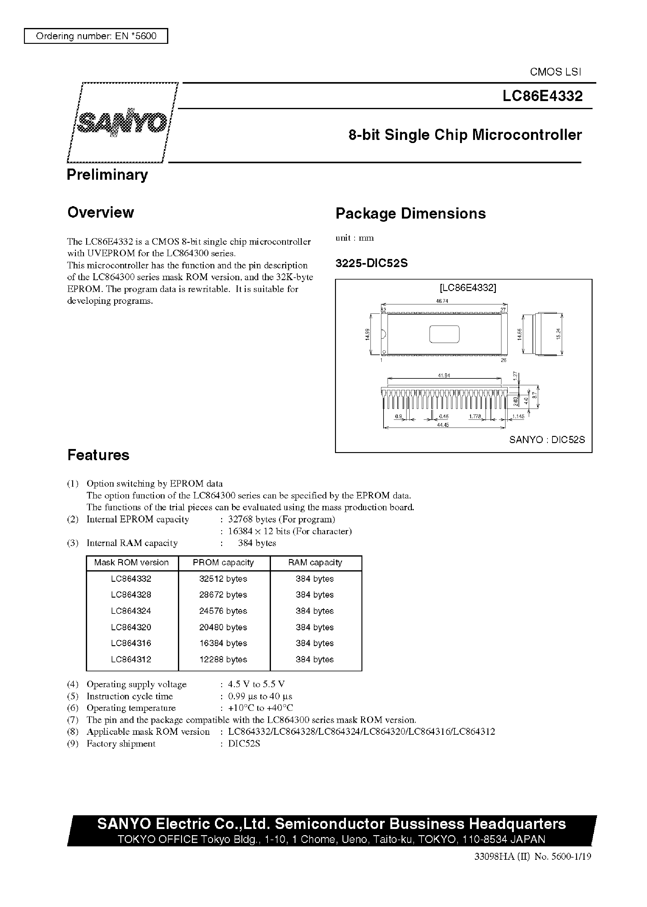 Datasheet LC86E4332 - 8-Bit Single Chip Microcontroller page 1