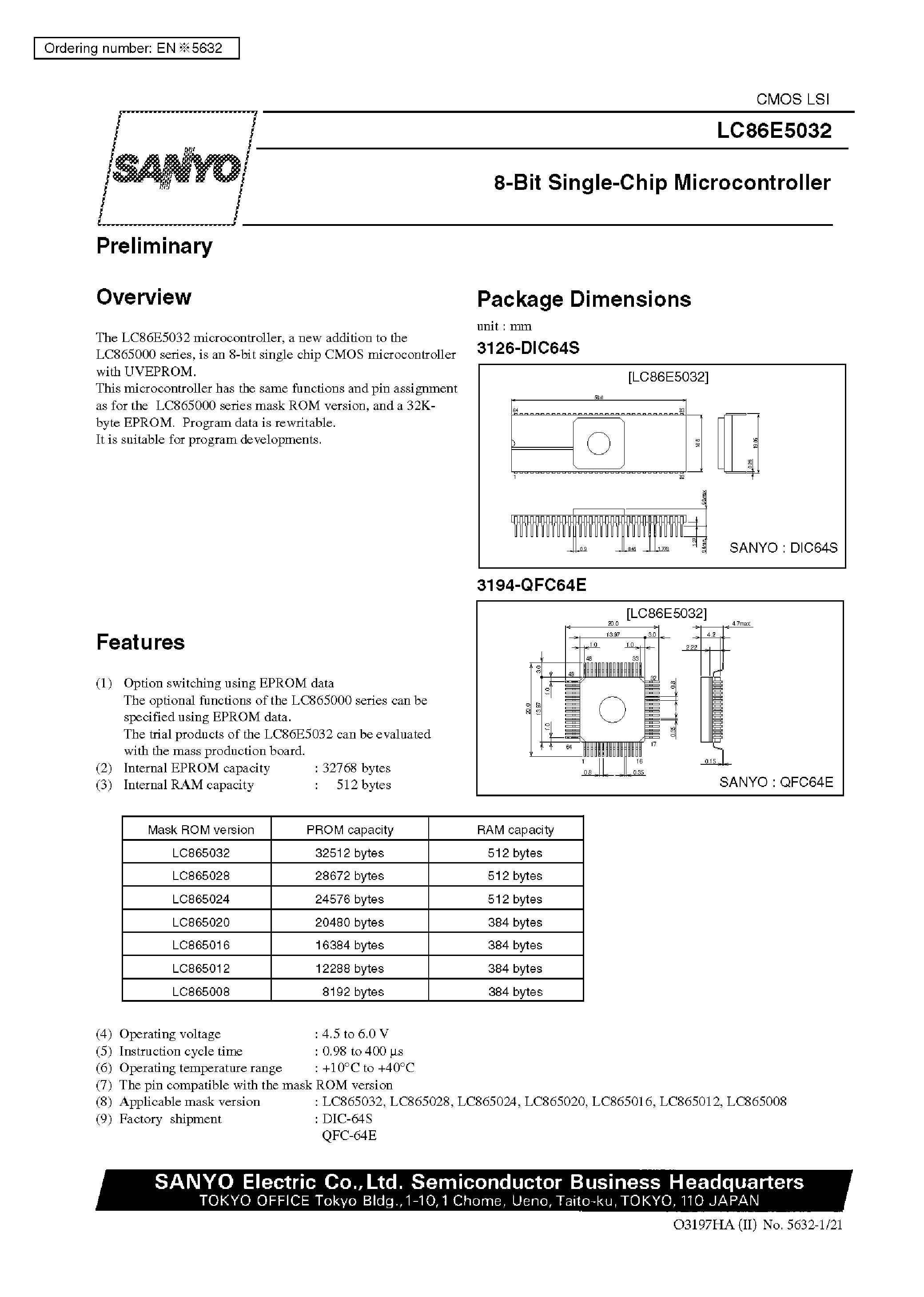 Datasheet LC86E5032 - 8-Bit Single Chip Microcontroller page 1