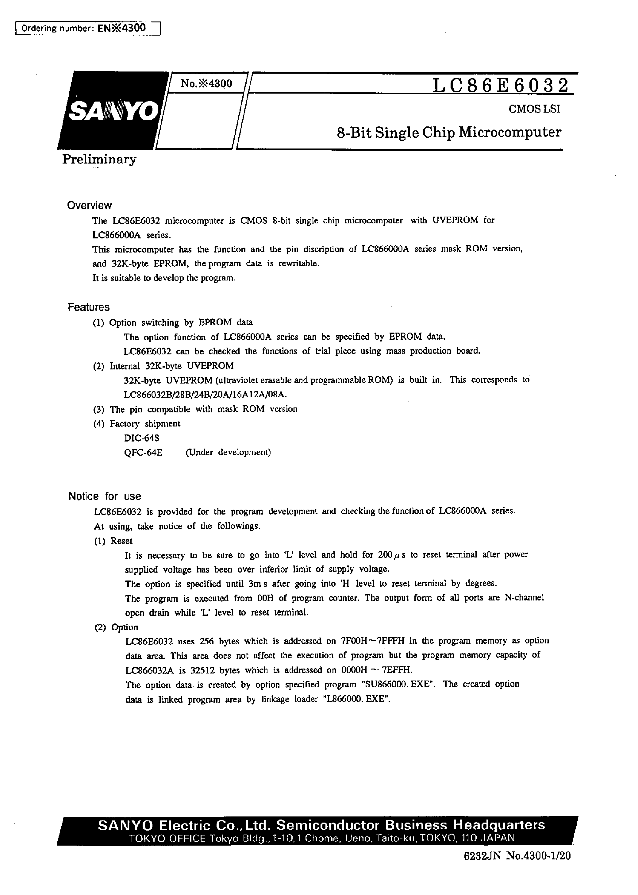 Datasheet LC86E6032 - 8-bit single chip microcomputer page 1