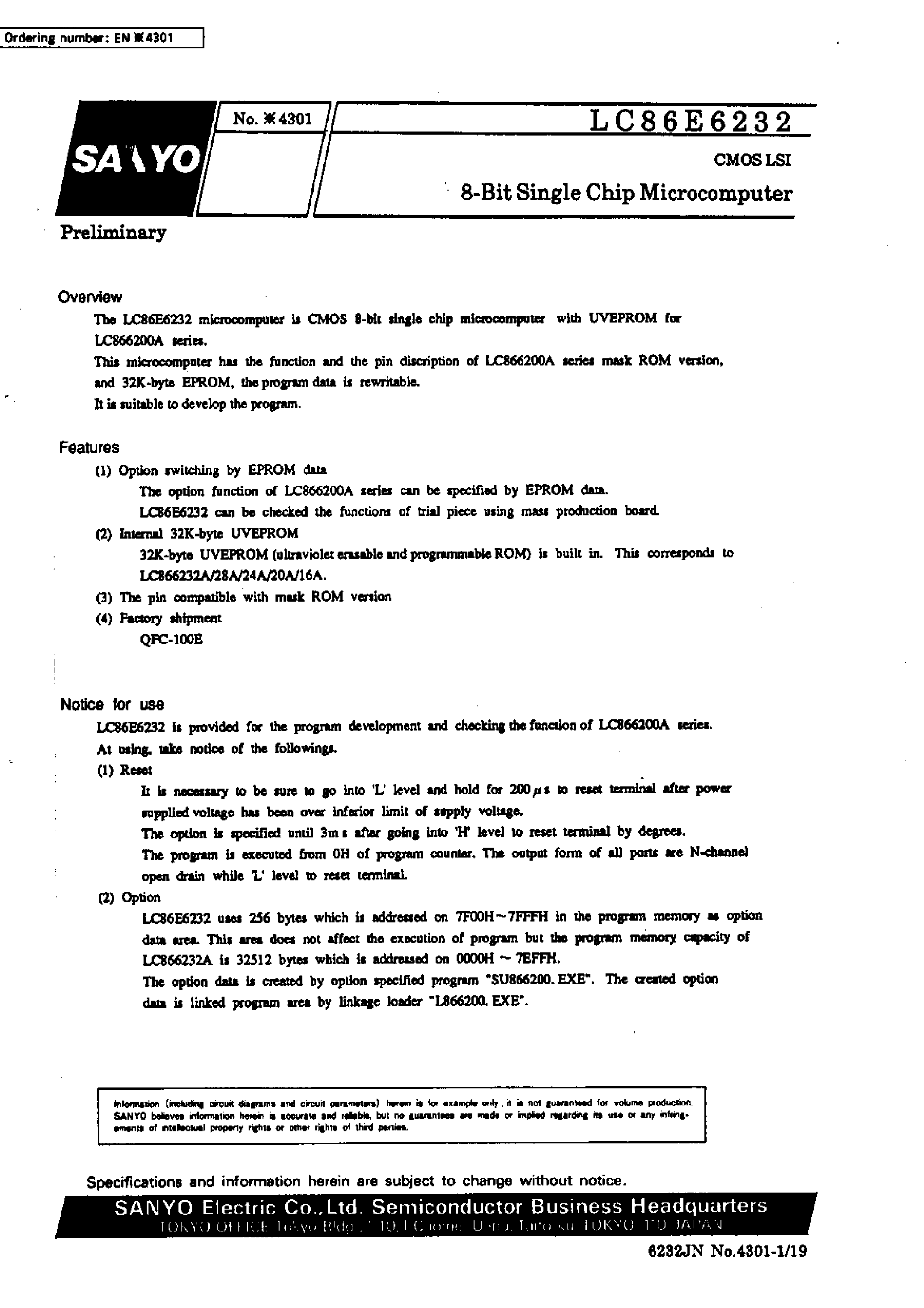 Datasheet LC86E6232 - 8-bit single chip microcomputer page 1