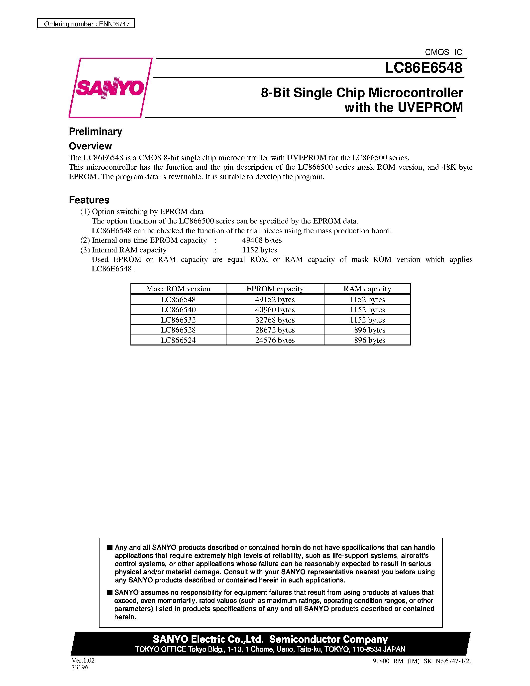 Datasheet LC86E6548 - 8-Bit Single Chip Microcontroller with the UVEPROM page 1